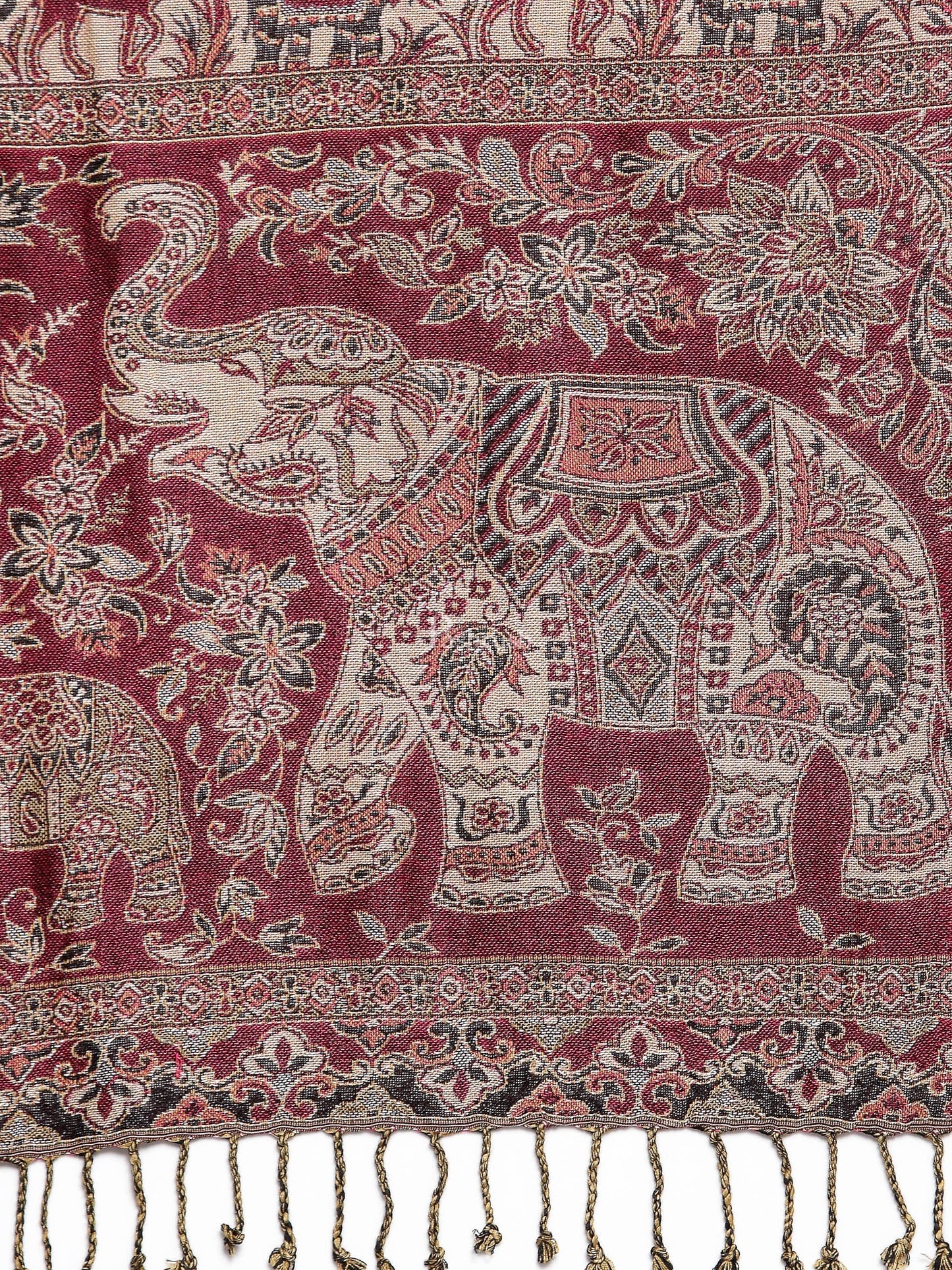 Pashtush India Womens Stoles and Scarves Scarf Pashtush Womens Bamboo Reversible Stole, Safari Elephants, Maroon And Black