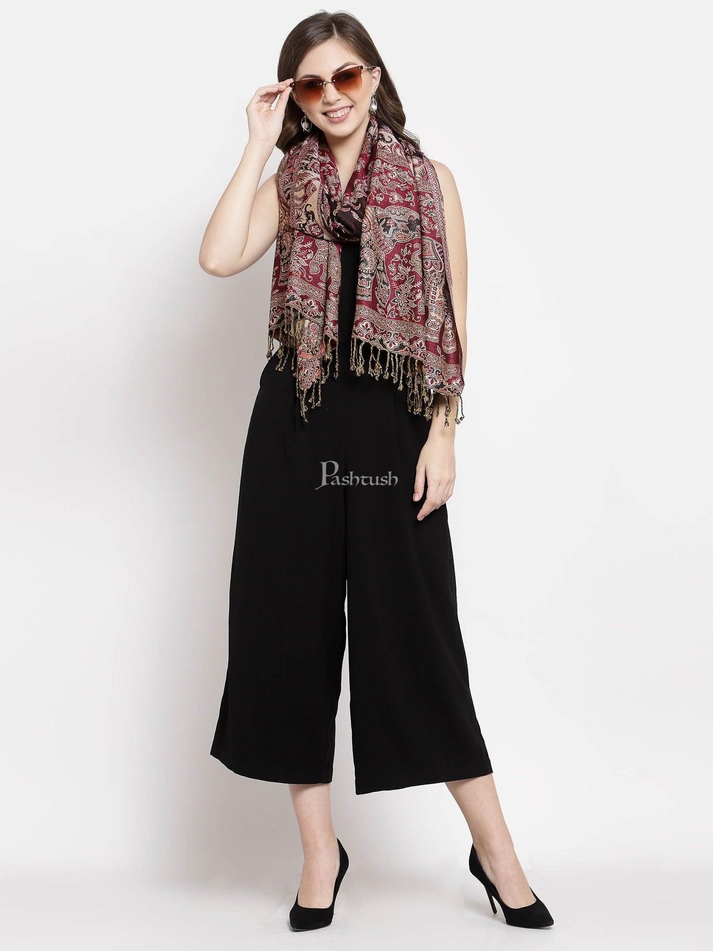 Pashtush India Womens Stoles and Scarves Scarf Pashtush Womens Bamboo Reversible Stole, Safari Elephants, Maroon And Black