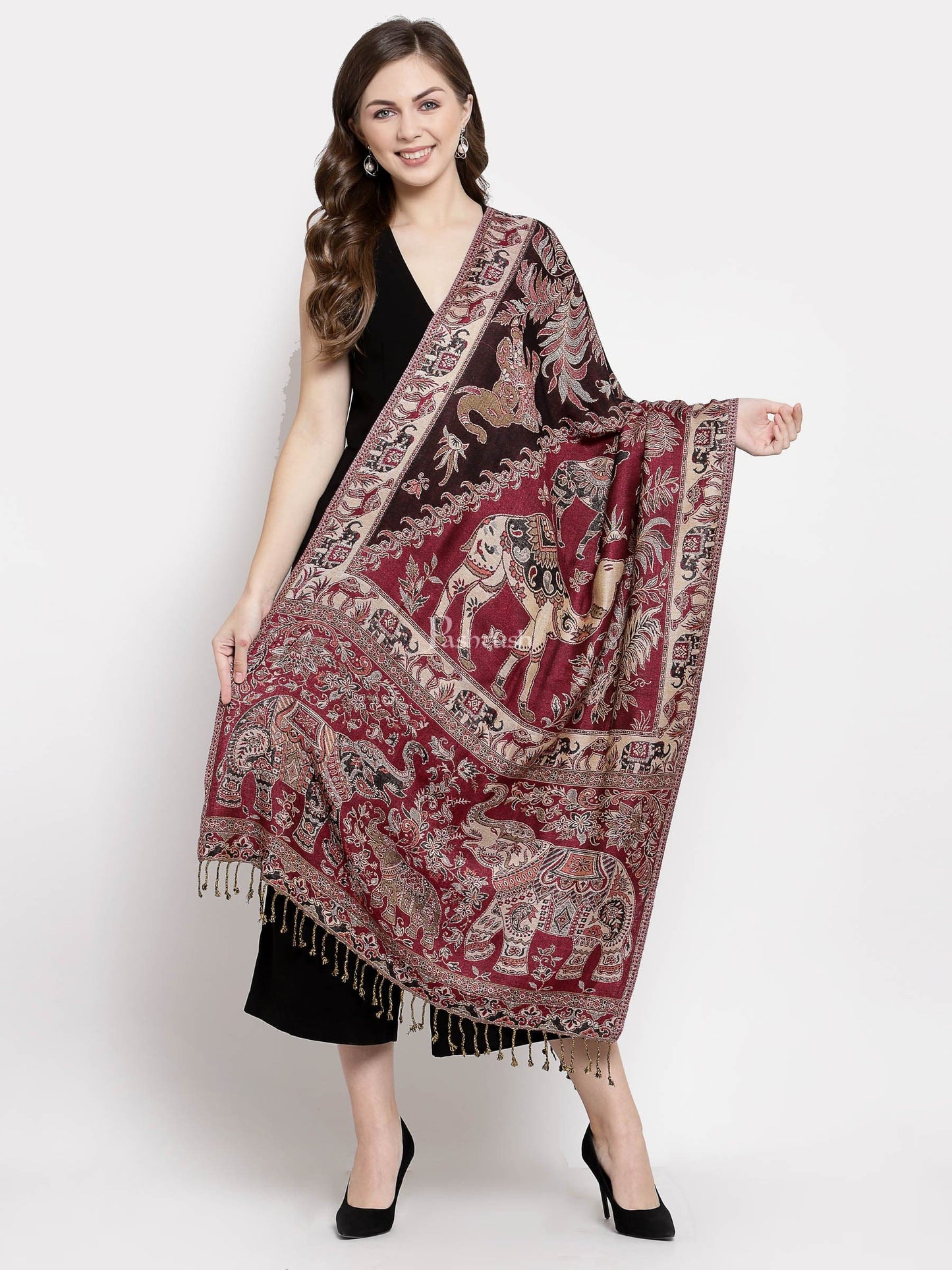 Pashtush India Womens Stoles and Scarves Scarf Pashtush Womens Bamboo Reversible Stole, Safari Elephants, Maroon And Black