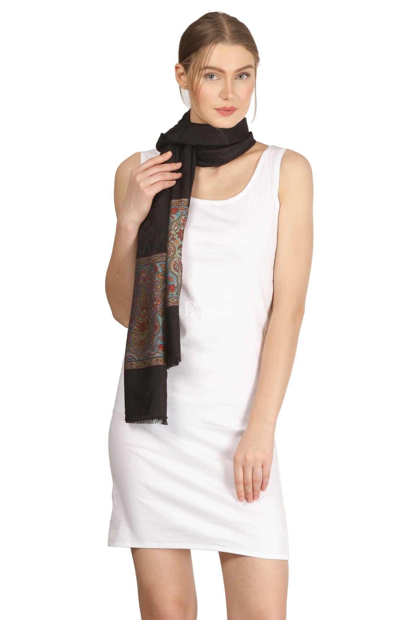 Pashtush India Womens Stoles and Scarves Scarf Pashtush Womens Bamboo Scarf, Woven Paisley Soft And Natural,Black