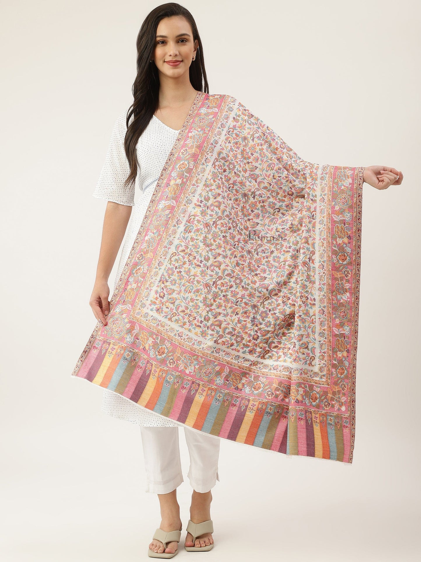 Pashtush India Womens Shawls Pashtush womens bamboo shawl, Woven ethnic design, Ivory