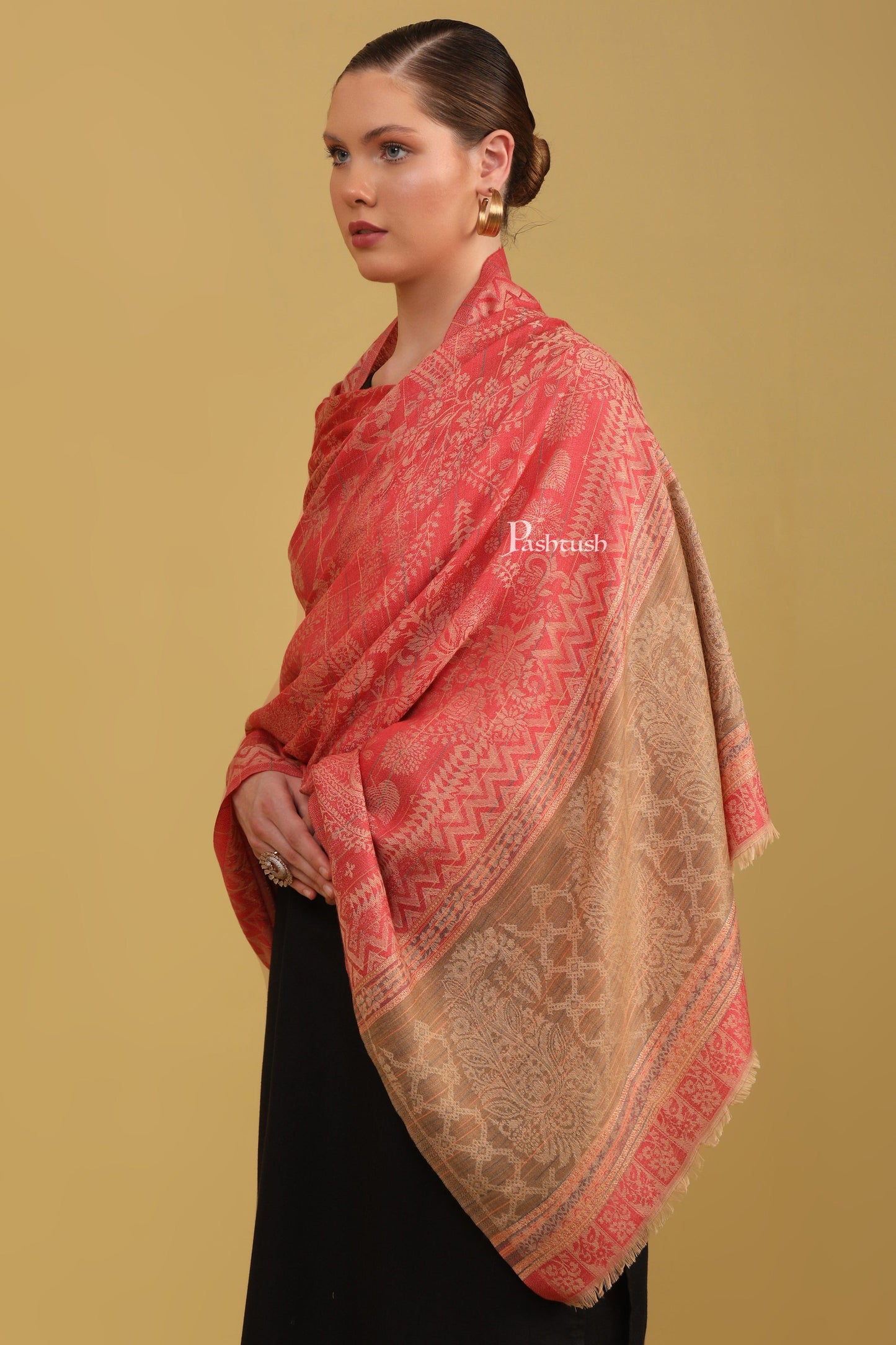 Pashtush India Womens Shawls Pashtush Womens Bamboo Shawl, Woven Ethnic Weave With Metallic Threads, Maroon