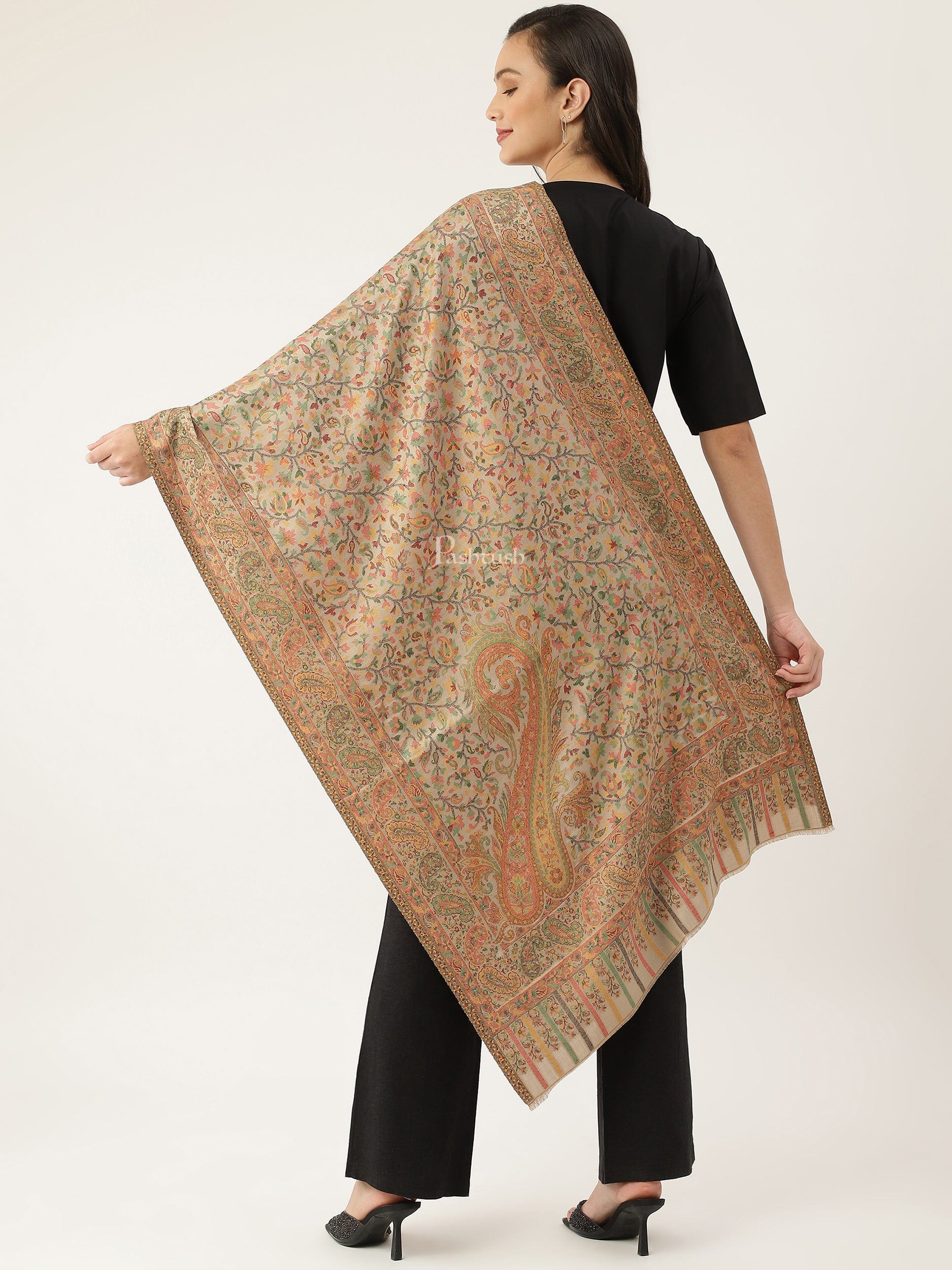 Pashtush India Womens Stoles and Scarves Scarf Pashtush womens Bamboo stole, ETHNIC design, Beige