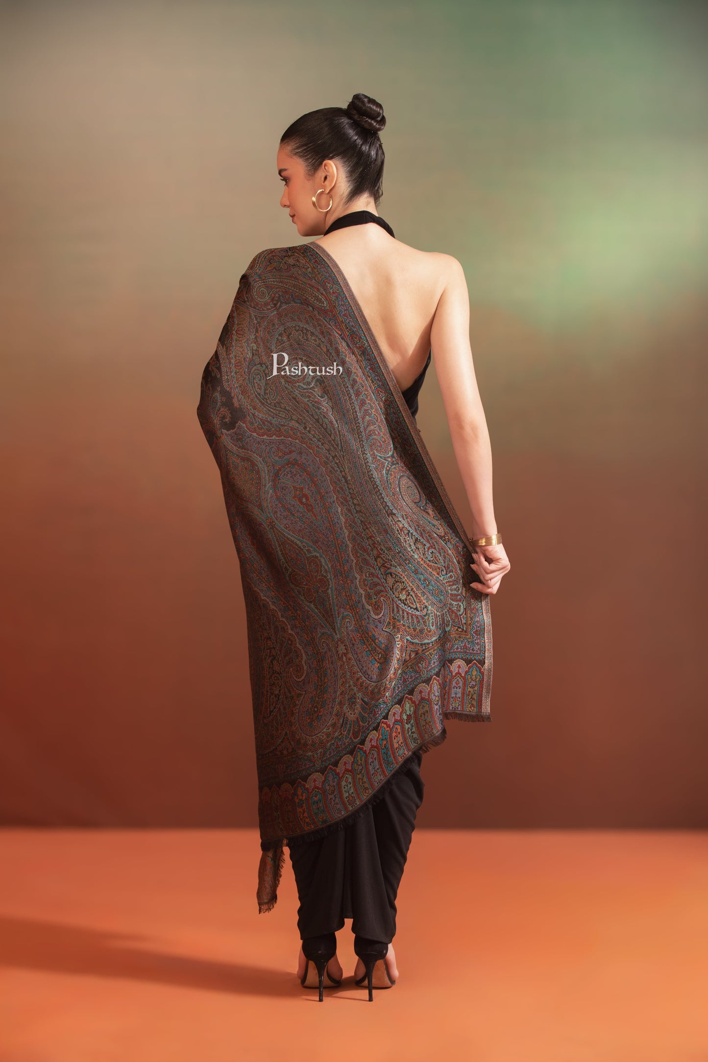 Pashtush India Womens Stoles and Scarves Scarf Pashtush Womens Bamboo Stole, Ethnic Jamawar Weave Design, Black