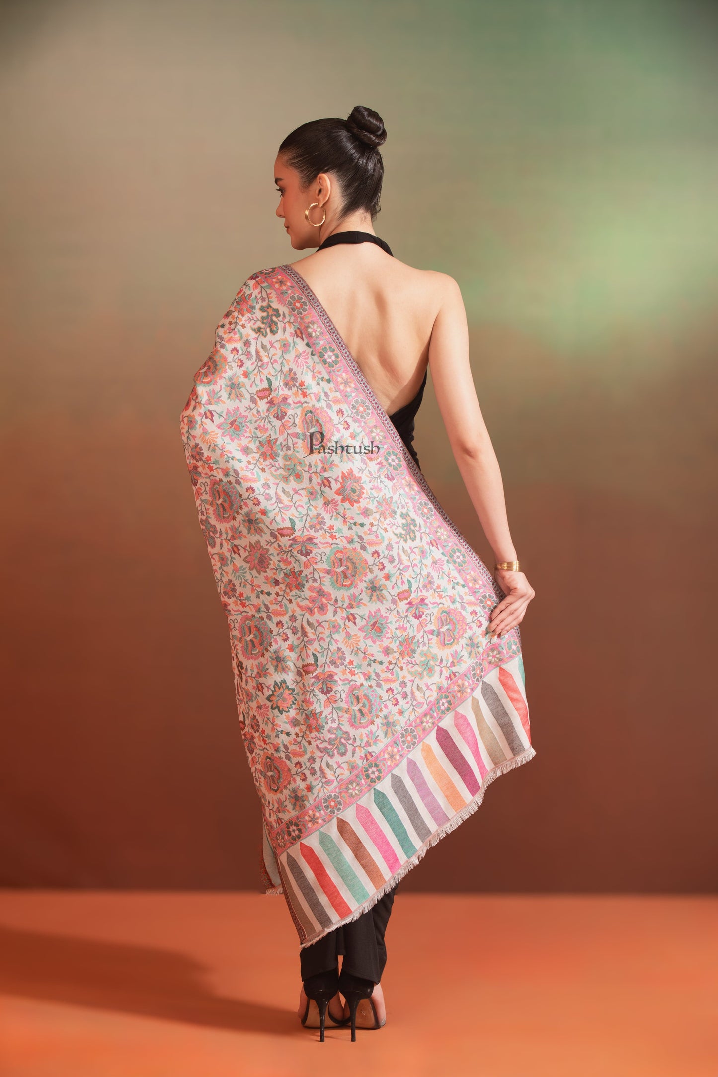 Pashtush India Womens Stoles and Scarves Scarf Pashtush Womens Bamboo Stole, Floral Ethnic Weave Design, Ivory