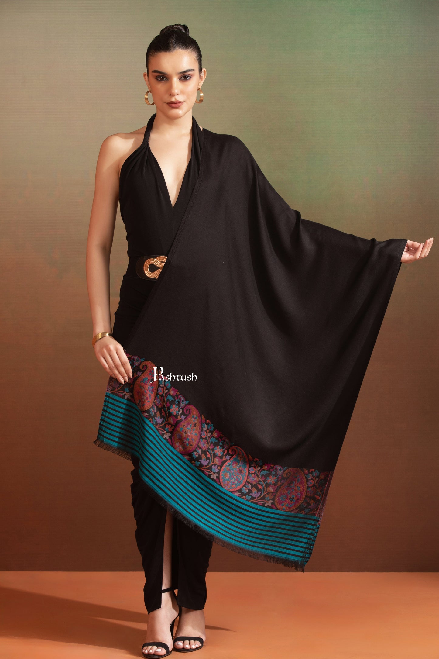 Pashtush India Womens Stoles and Scarves Scarf Pashtush Womens Bamboo Stole, Paisley Palla, Woven Design, Black And Blue