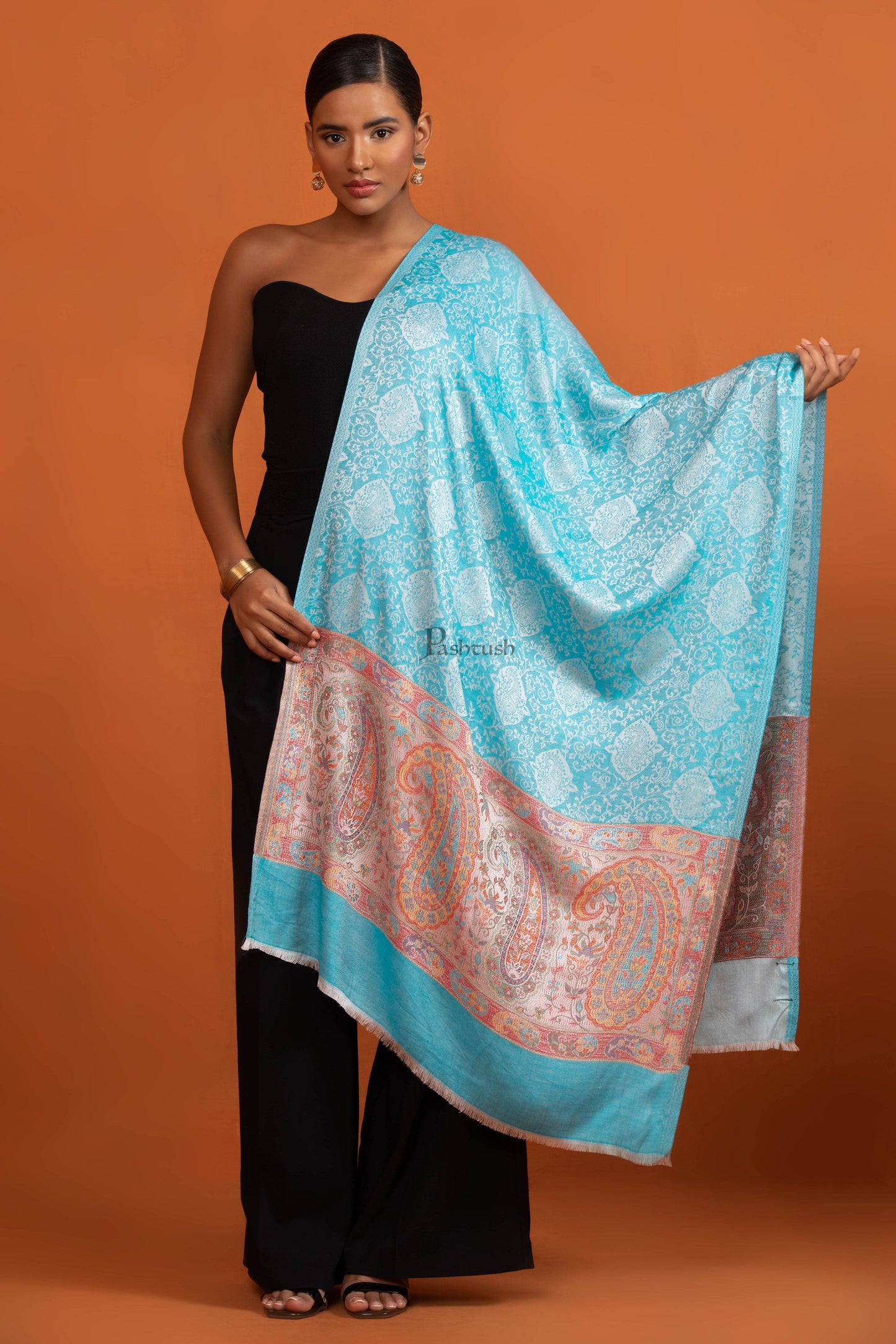 Pashtush India womens scarf and Stoles Pashtush Womens Bamboo Stole, Pasiley Weave Design, Arabic Blue