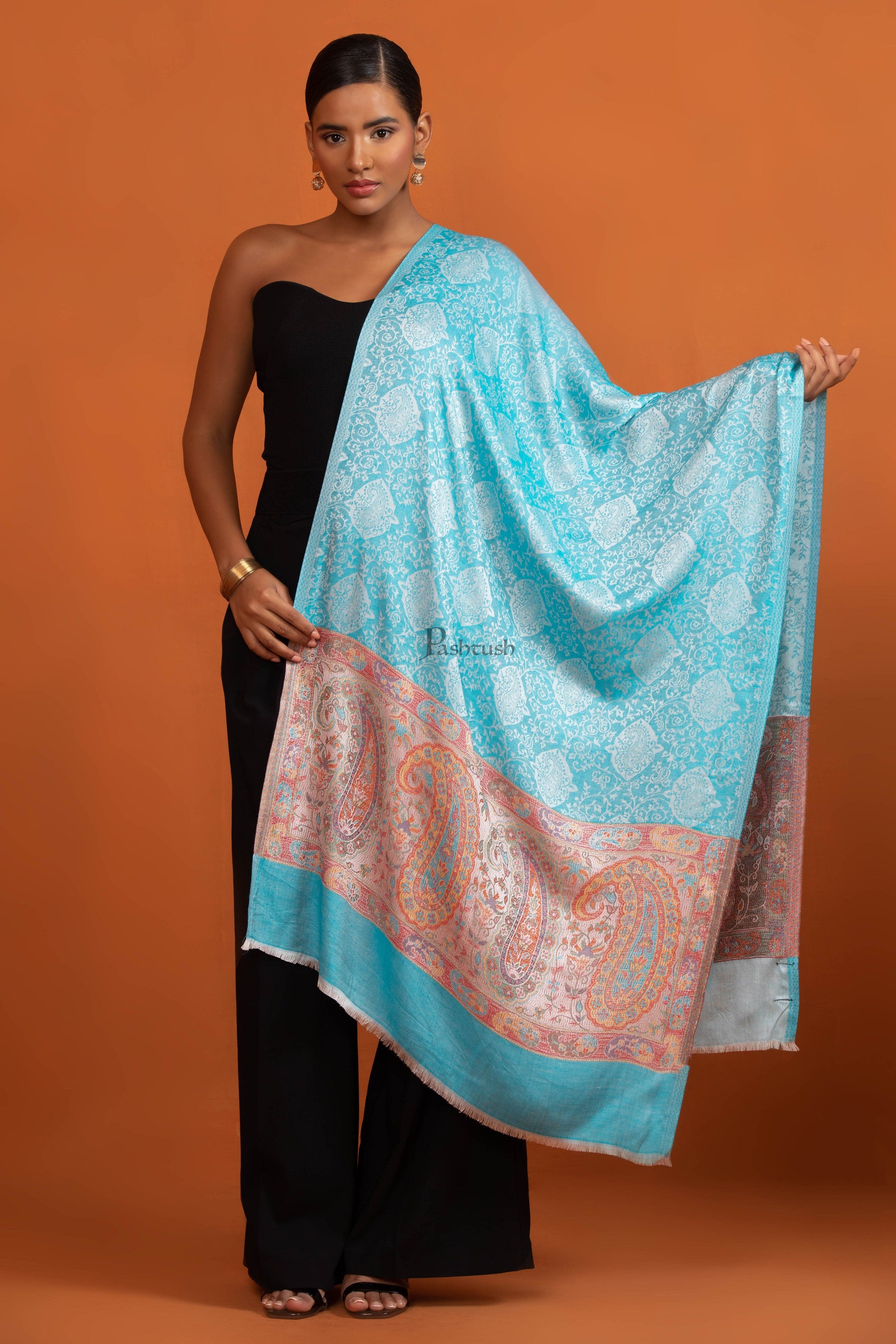 Pashtush India womens scarf and Stoles Pashtush Womens Bamboo Stole, Pasiley Weave Design, Arabic Blue