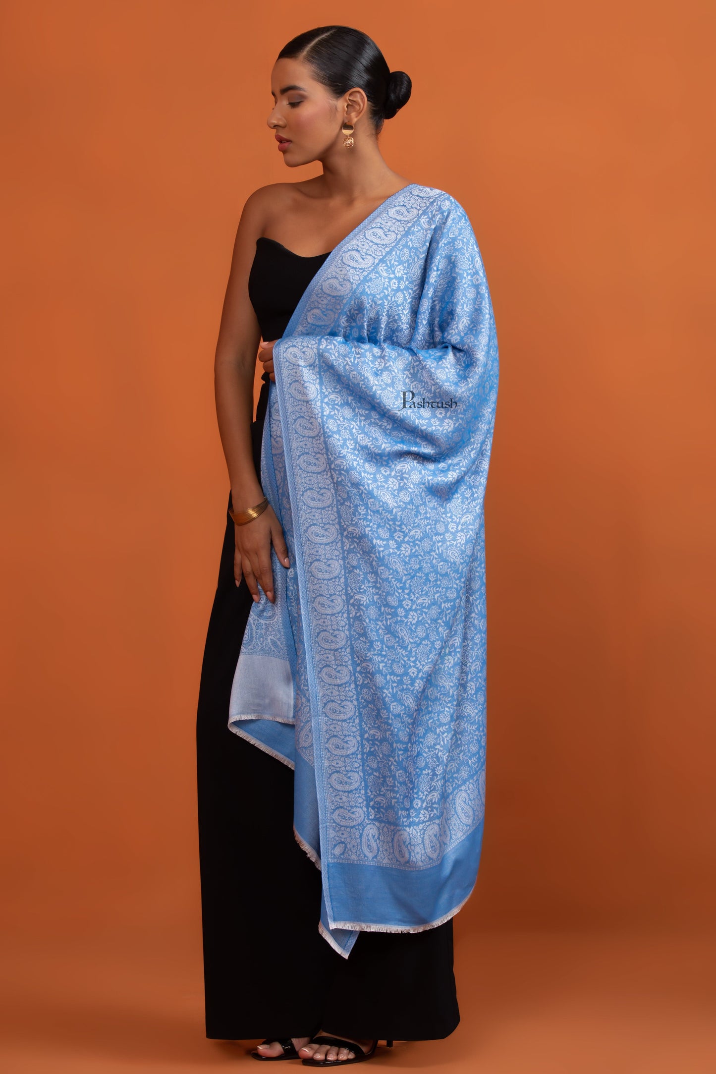 Pashtush India womens scarf and Stoles Pashtush Womens Bamboo Stole, Pasiley Weave Design, Arabic Sea Blue