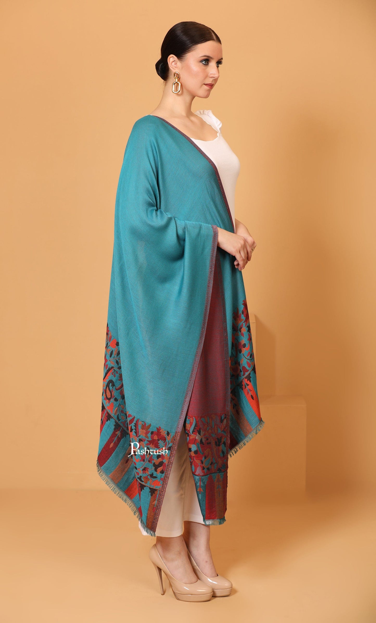 Pashtush India Womens Stoles and Scarves Scarf Pashtush womens Bamboo stole, Reversible Ethnic Weave Palla design, Arabic Sea Blue