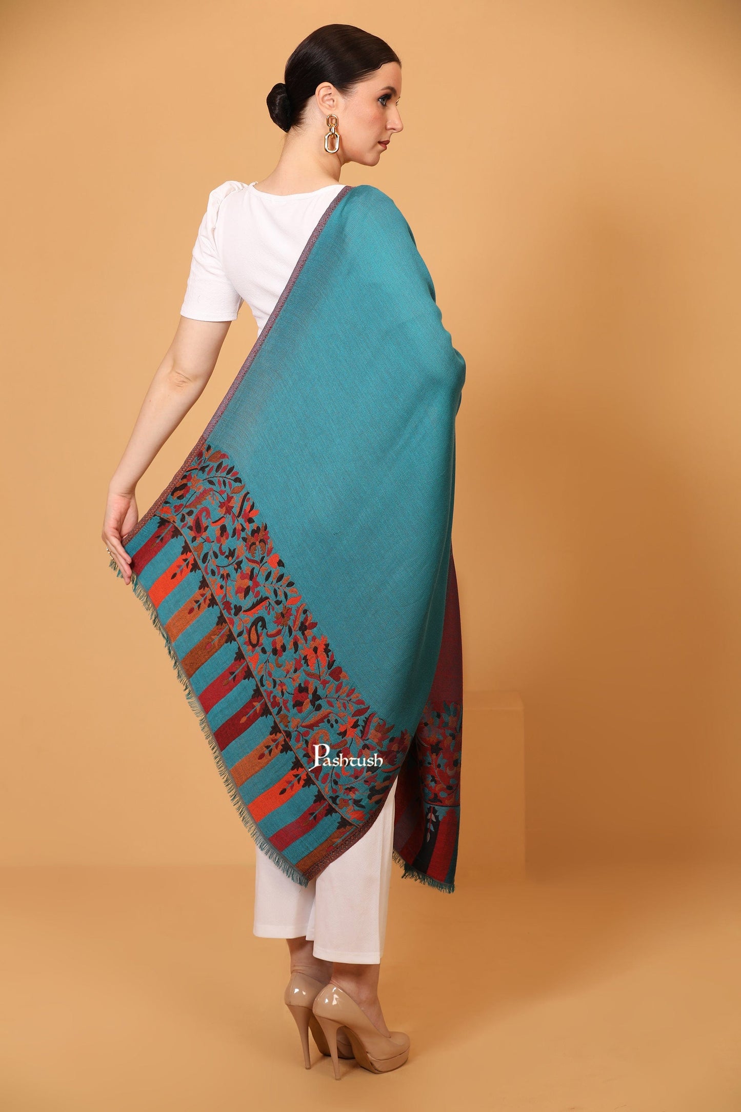 Pashtush India Womens Stoles and Scarves Scarf Pashtush womens Bamboo stole, Reversible Ethnic Weave Palla design, Arabic Sea Blue