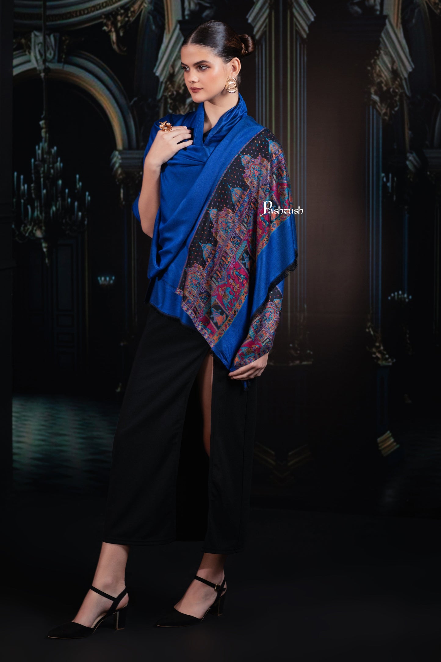Pashtush India womens scarf and Stoles Pashtush Womens Bamboo Stole, Royal Darbar Palla, Lapiz Blue