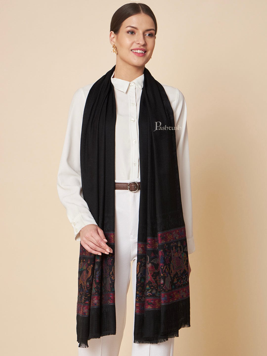 Pashtush India Womens Stoles and Scarves Scarf Pashtush Womens Bamboo Stole, Royal Elephants Palla Design, Black