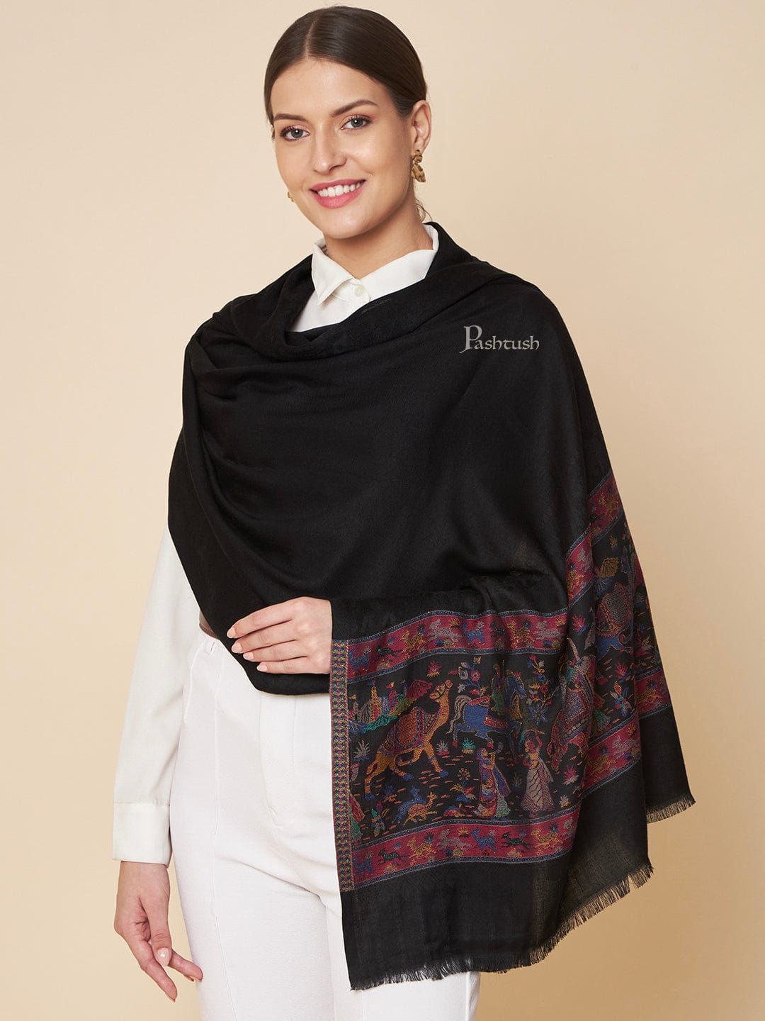 Pashtush India Womens Stoles and Scarves Scarf Pashtush Womens Bamboo Stole, Royal Elephants Palla Design, Black