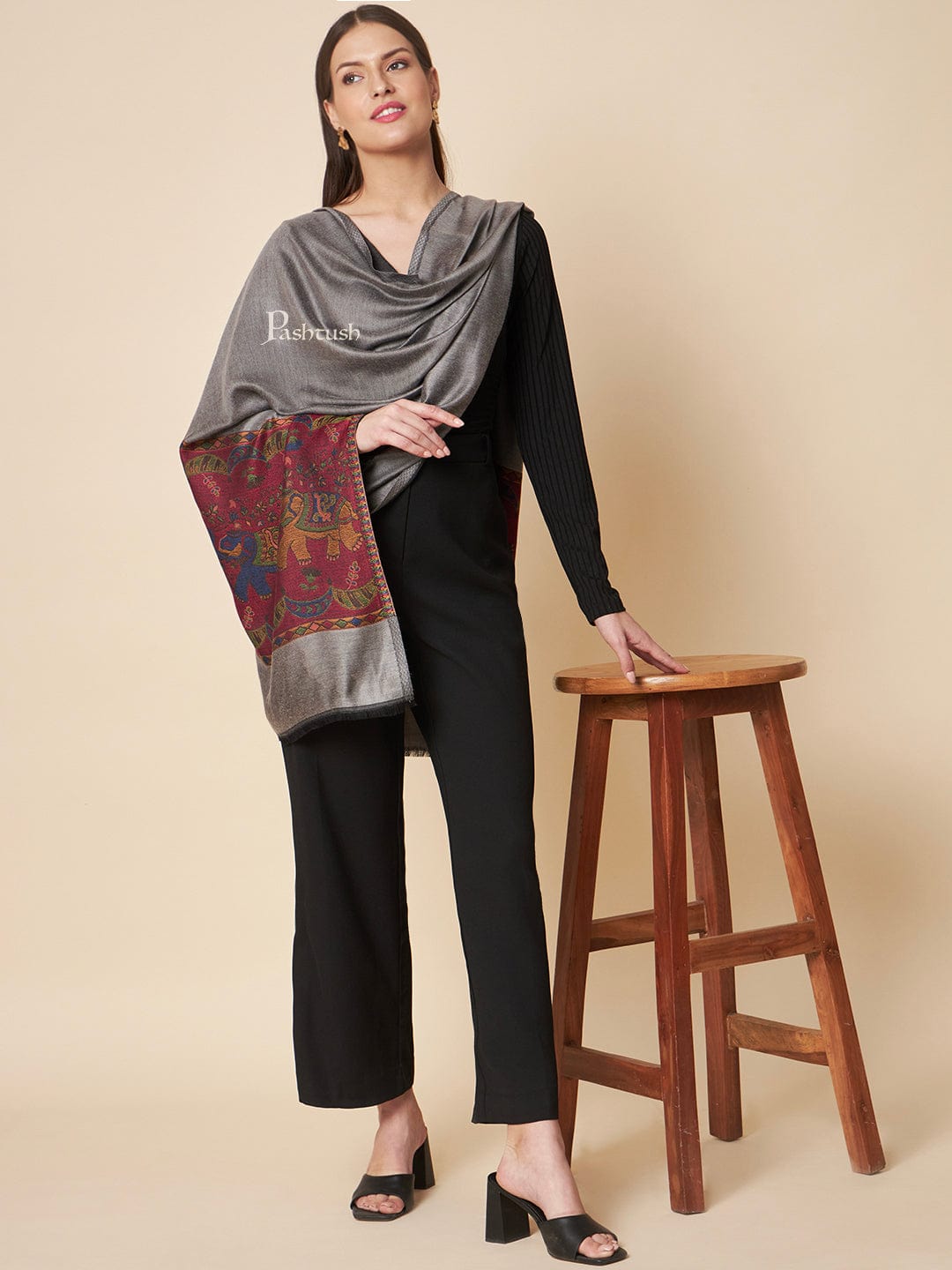 Pashtush India Womens Stoles and Scarves Scarf Pashtush Womens Bamboo Stole, Royal Elephants Palla Design, Grey