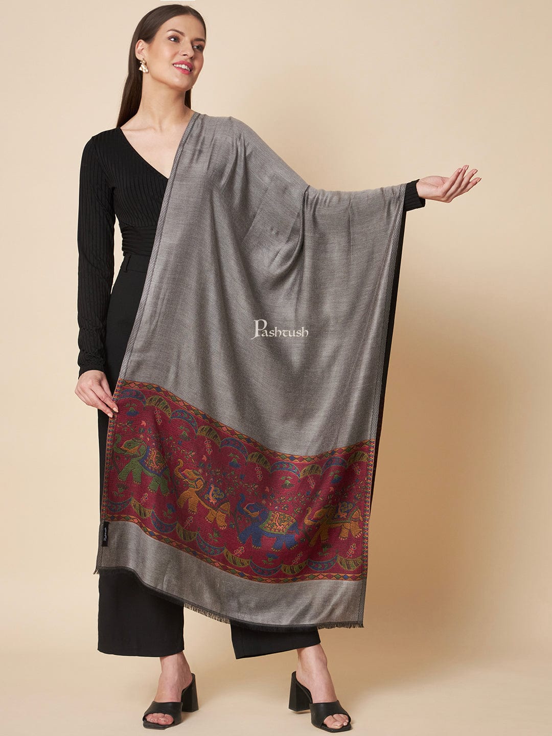 Pashtush India Womens Stoles and Scarves Scarf Pashtush Womens Bamboo Stole, Royal Elephants Palla Design, Grey