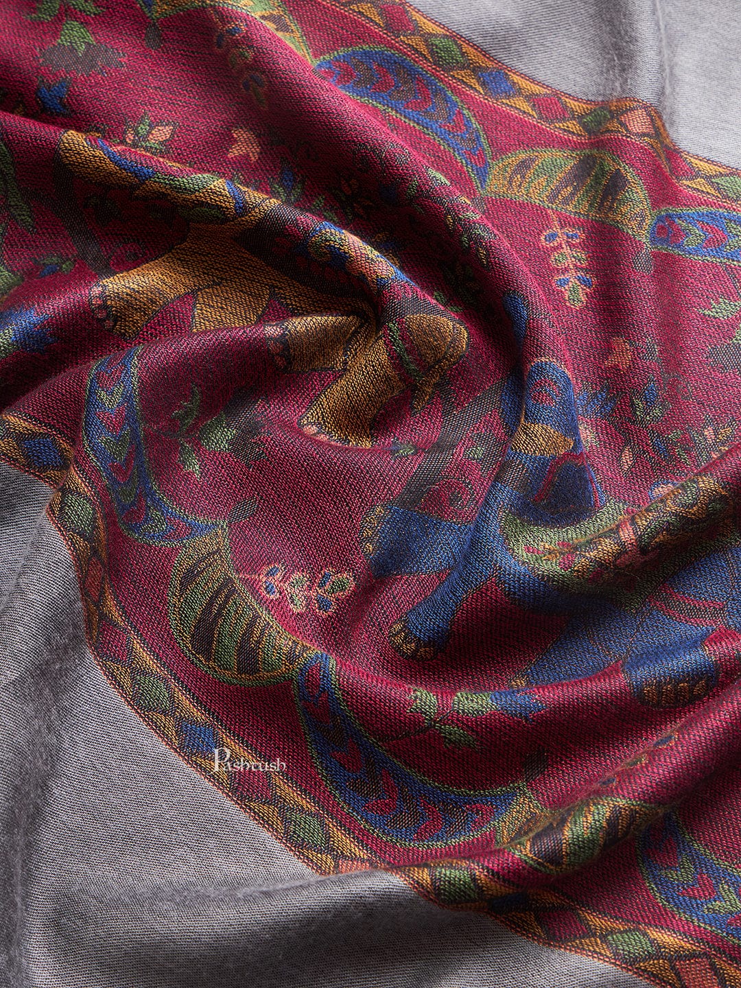 Pashtush India Womens Stoles and Scarves Scarf Pashtush Womens Bamboo Stole, Royal Elephants Palla Design, Grey