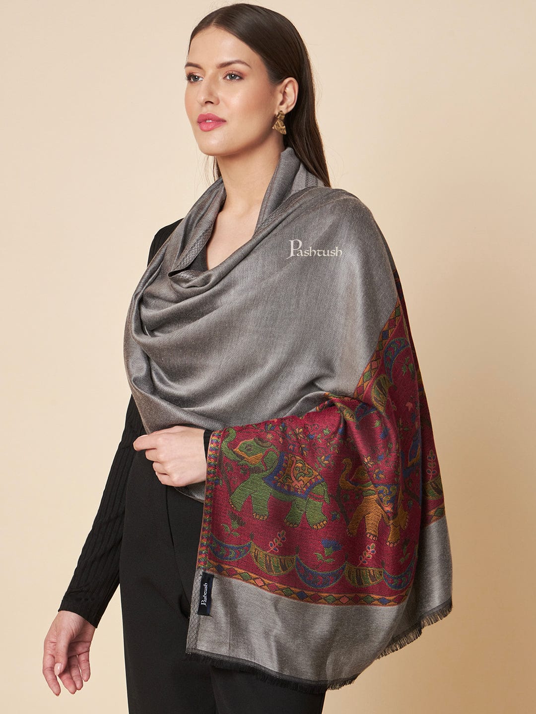 Pashtush India Womens Stoles and Scarves Scarf Pashtush Womens Bamboo Stole, Royal Elephants Palla Design, Grey