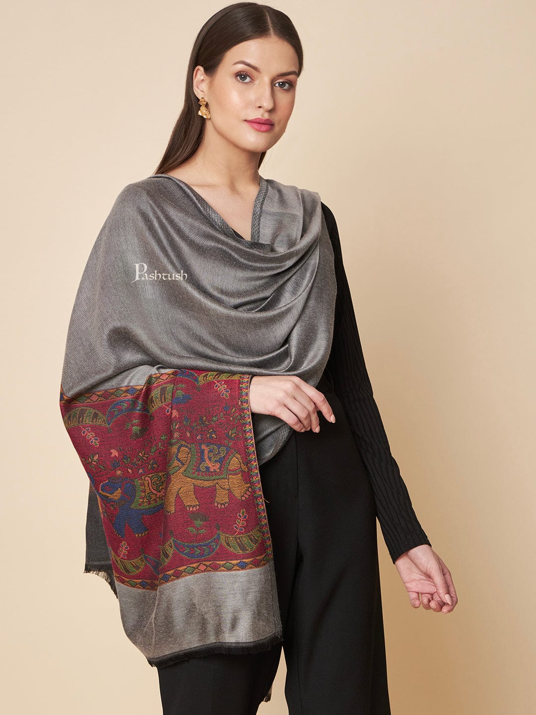 Pashtush India Womens Stoles and Scarves Scarf Pashtush Womens Bamboo Stole, Royal Elephants Palla Design, Grey
