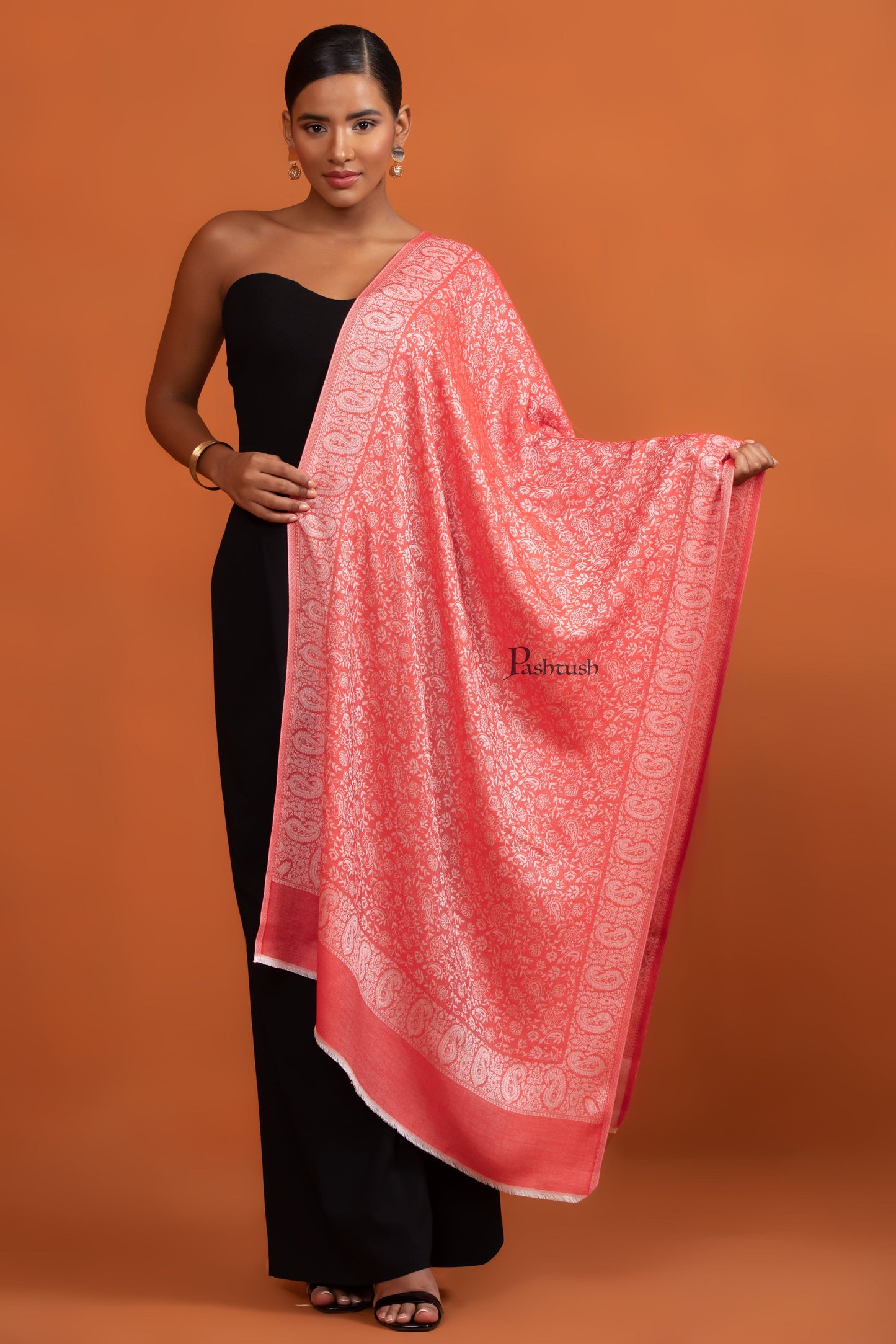 Pashtush India Womens Stoles and Scarves Scarf Pashtush Womens Bamboo Stole, Self Paisley Weave Reversible, Red