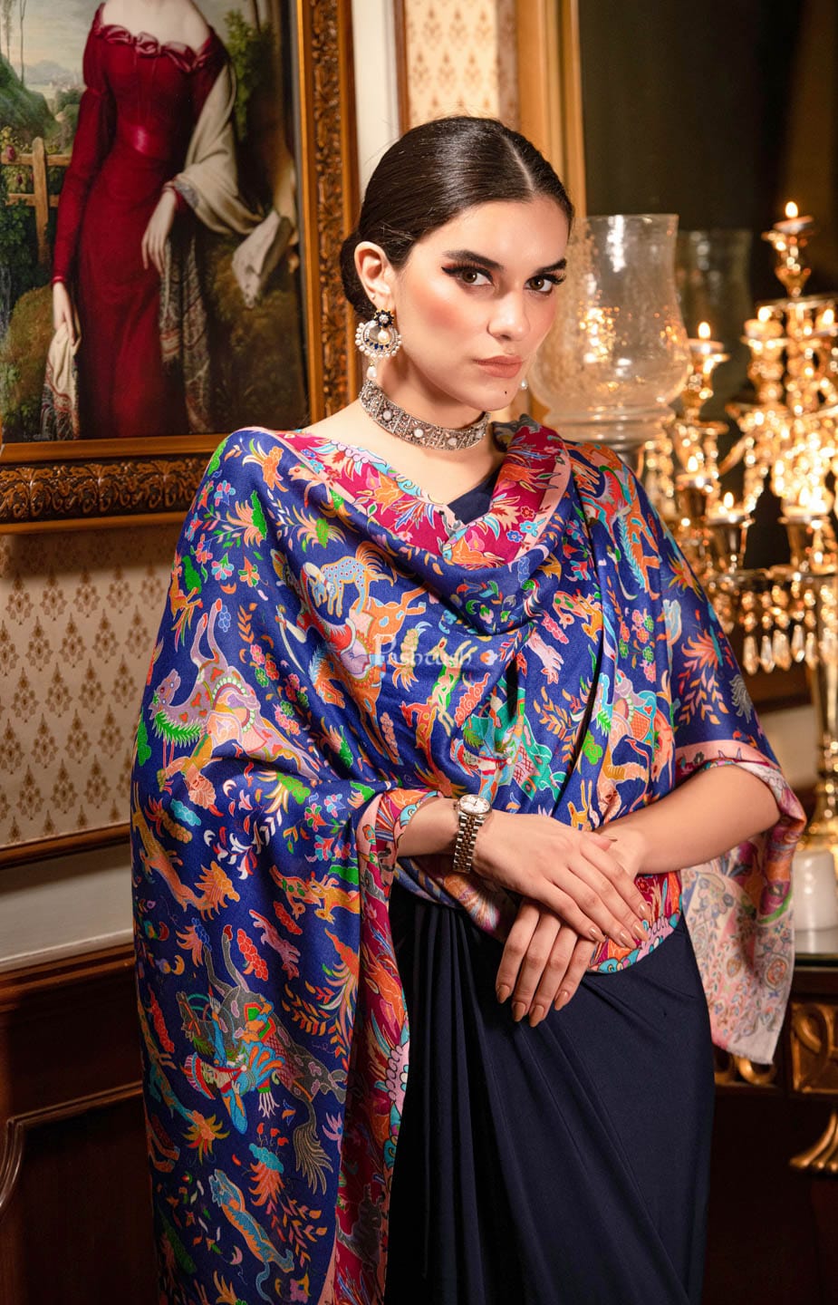 Pashtush India Womens Stoles and Scarves Scarf Pashtush womens Bamboo Stole, Shikardar design, Blue