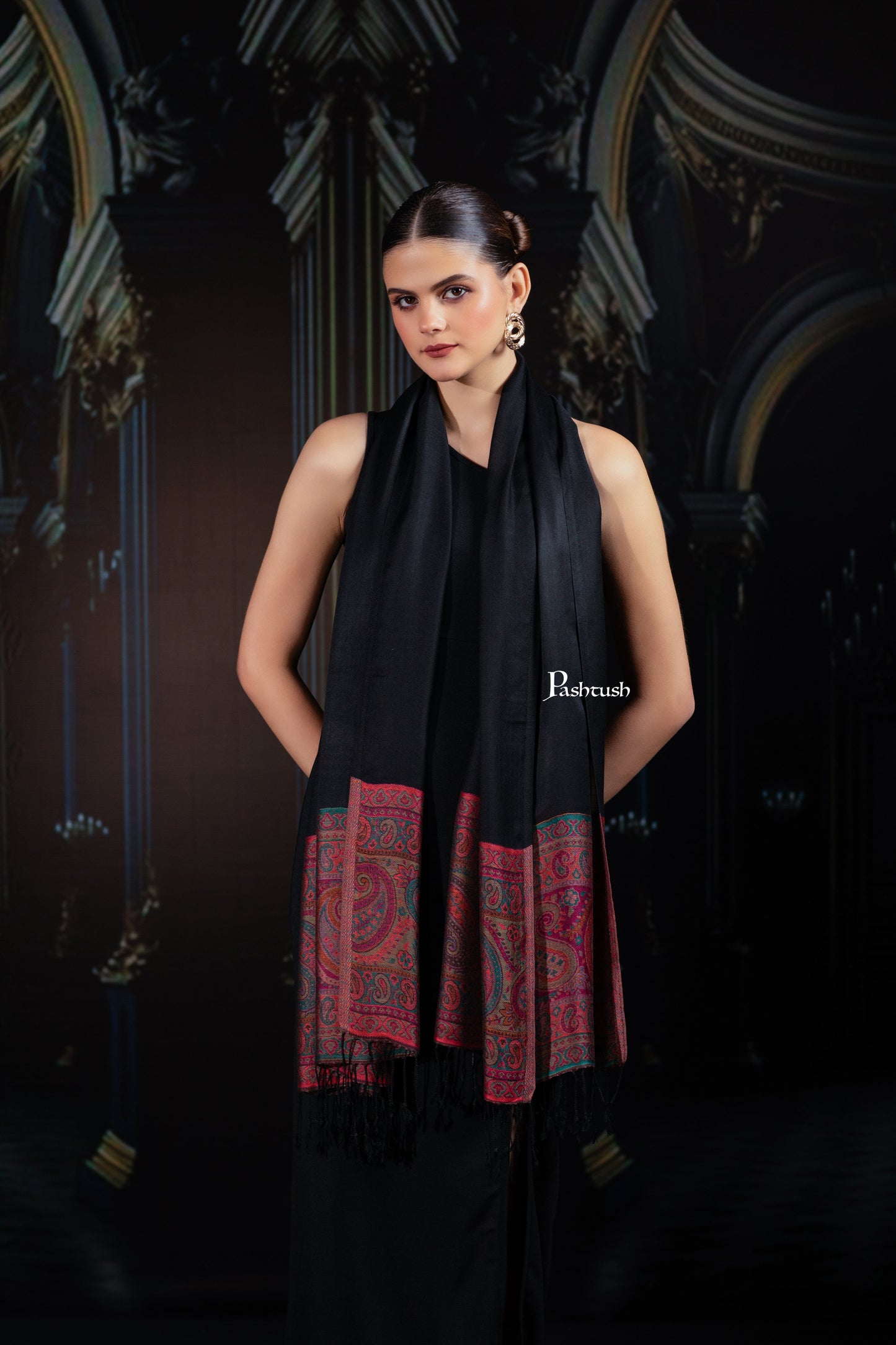 Pashtush India womens scarf and Stoles Pashtush Womens Bamboo Stole, Silky Soft, Woven Paisley Design, Black
