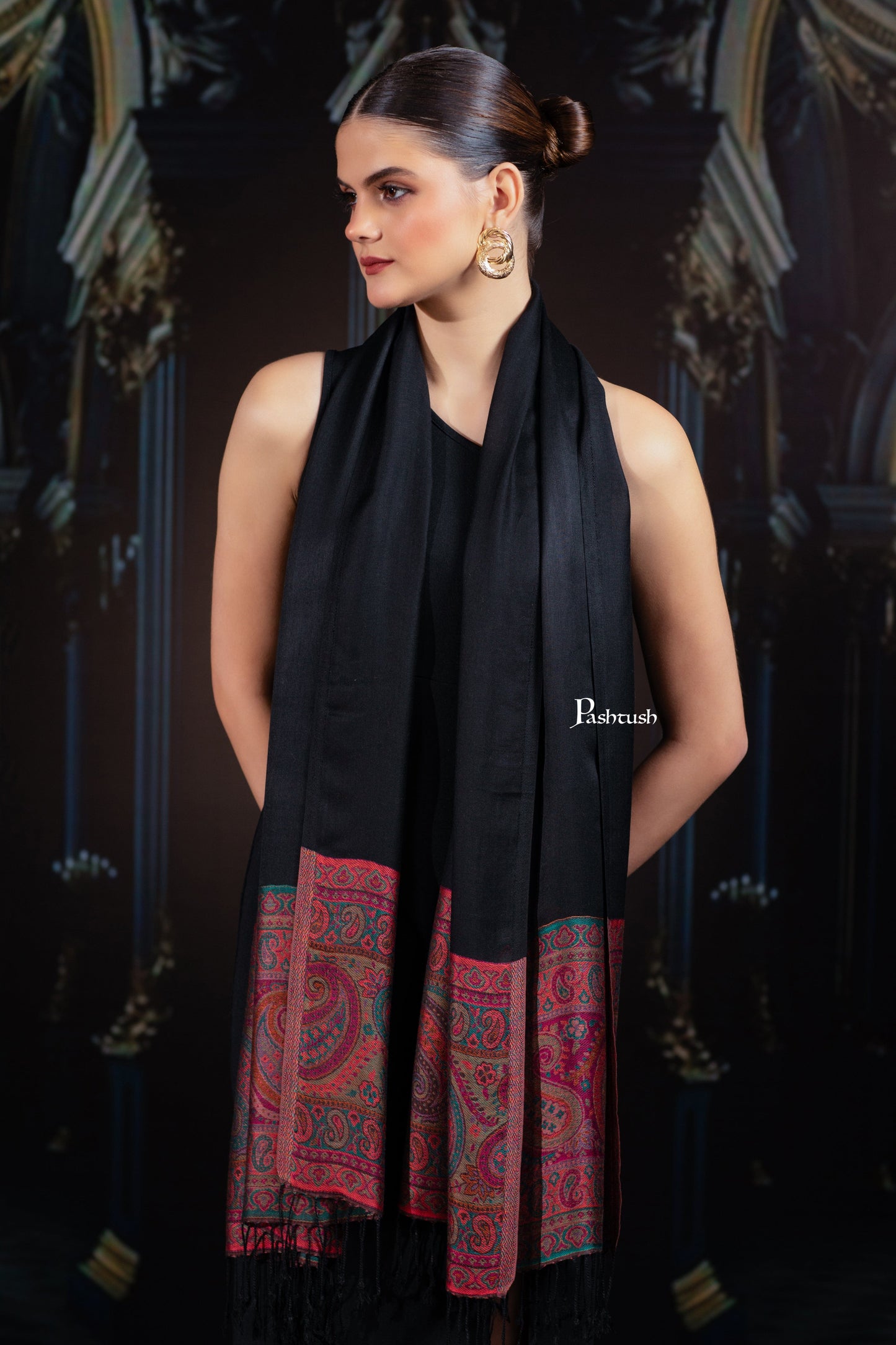 Pashtush India womens scarf and Stoles Pashtush Womens Bamboo Stole, Silky Soft, Woven Paisley Design, Black