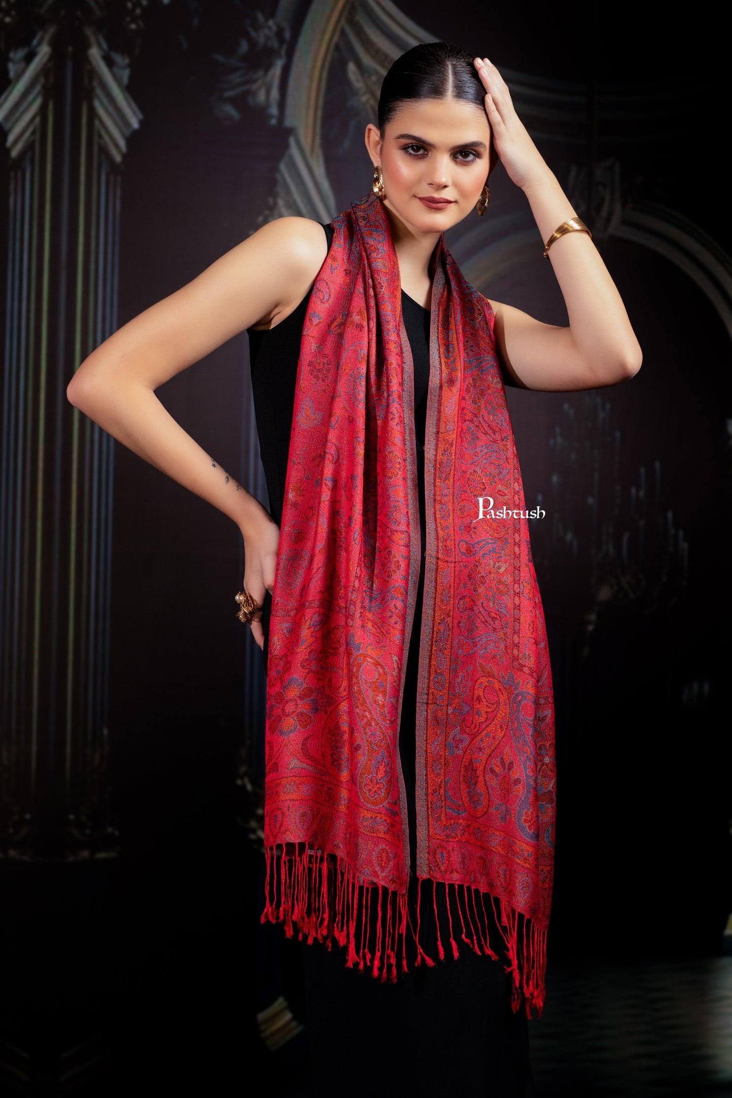 Pashtush India womens scarf and Stoles Pashtush Womens Bamboo Stole, Silky Soft, Woven Paisley Design, Serene Red