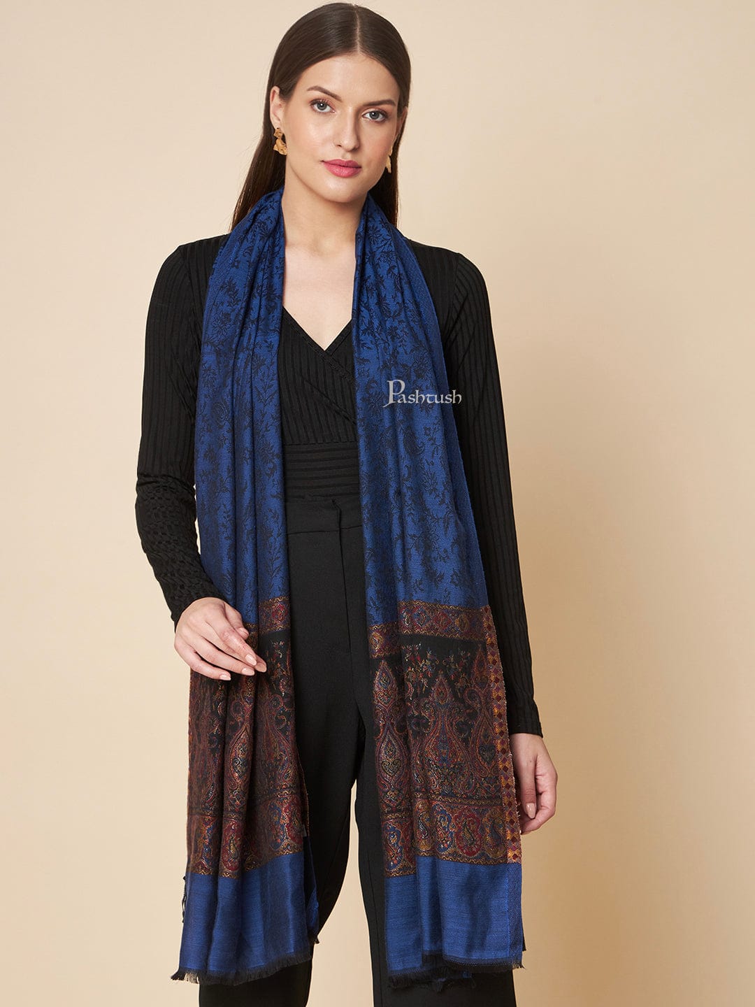 Pashtush India Womens Stoles and Scarves Scarf Pashtush Womens Bamboo Stole, Zari Design, Black And Mustard