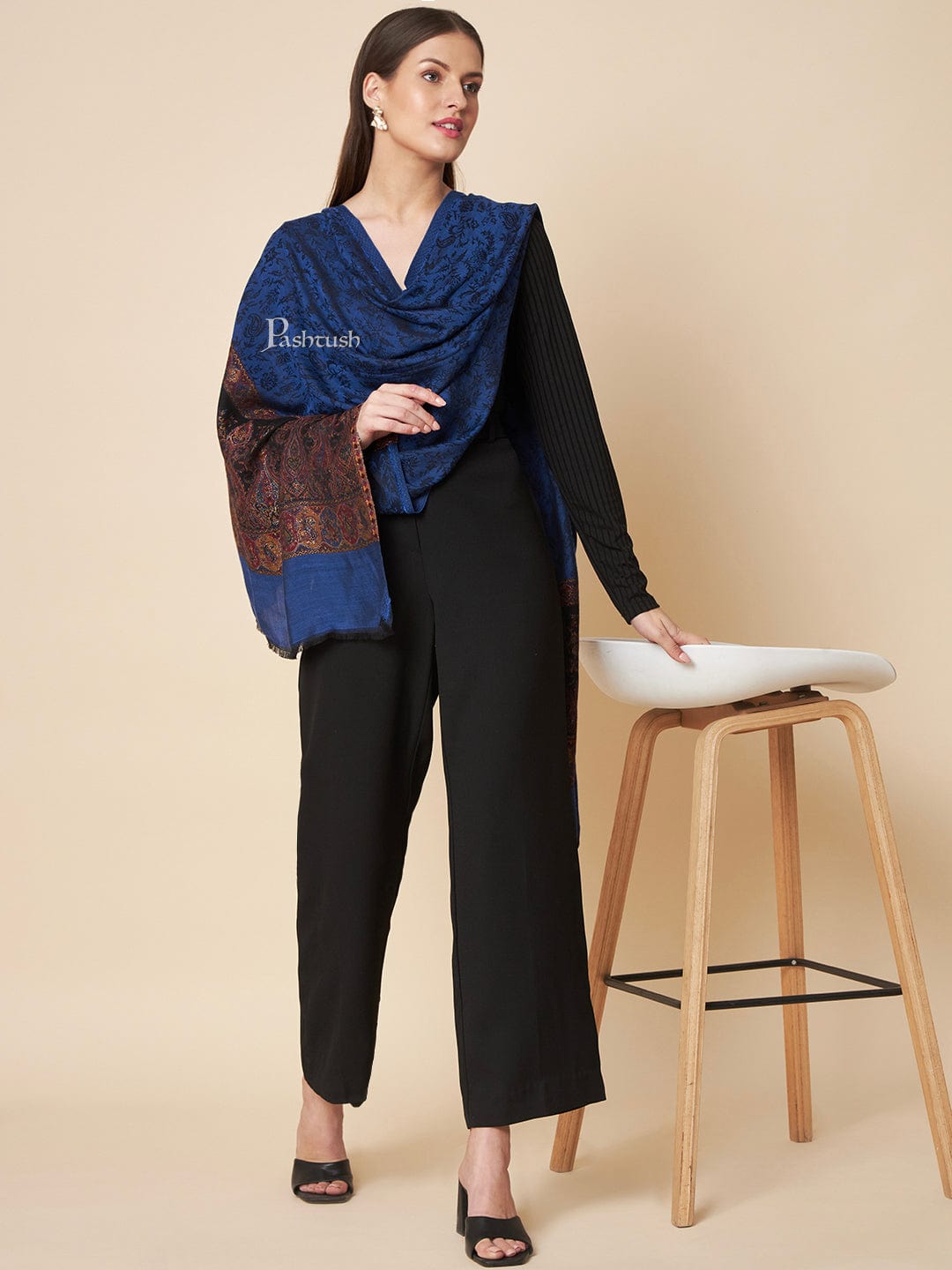 Pashtush India Womens Stoles and Scarves Scarf Pashtush Womens Bamboo Stole, Zari Design, Black And Mustard