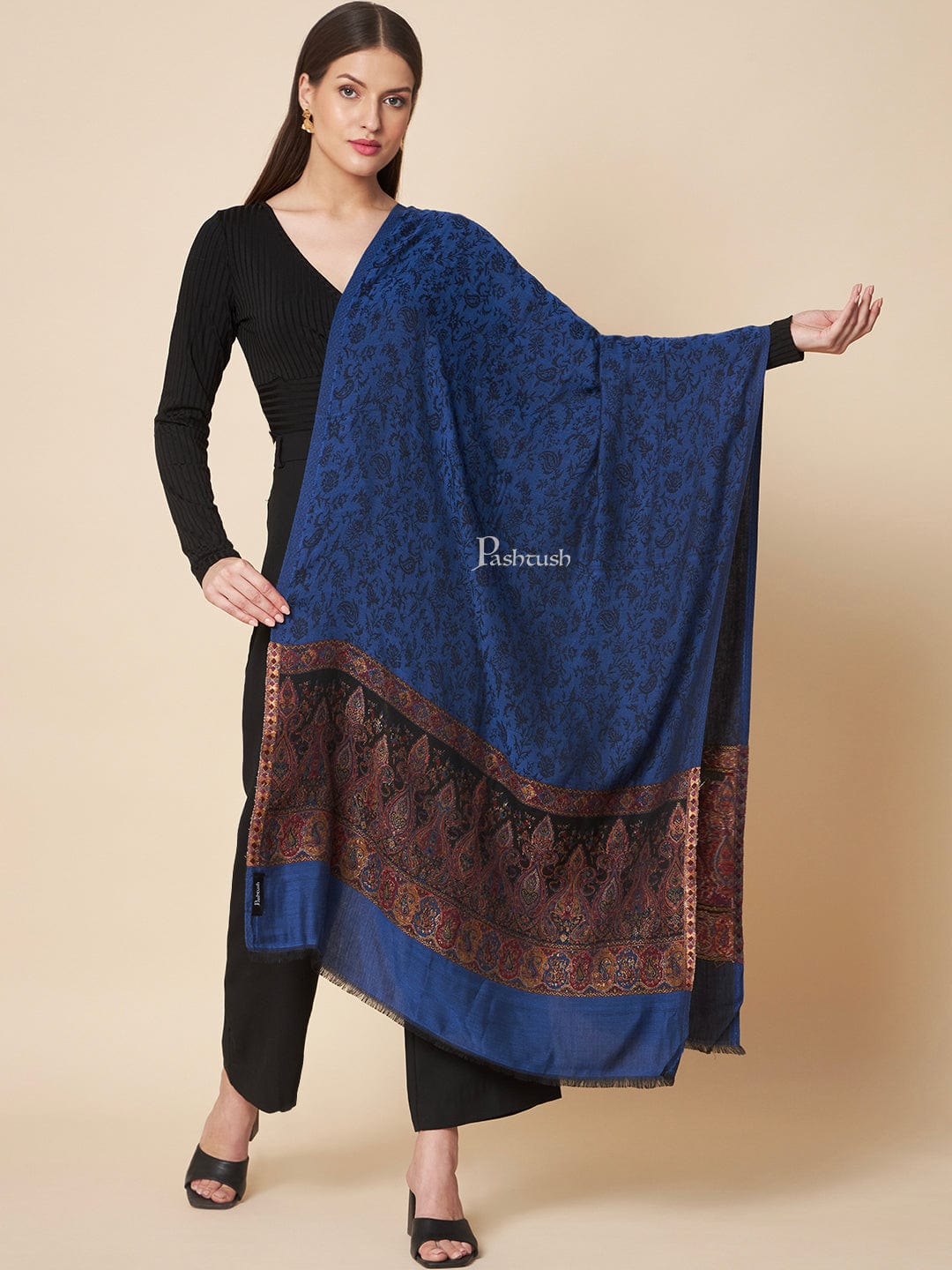 Pashtush India Womens Stoles and Scarves Scarf Pashtush Womens Bamboo Stole, Zari Design, Black And Mustard
