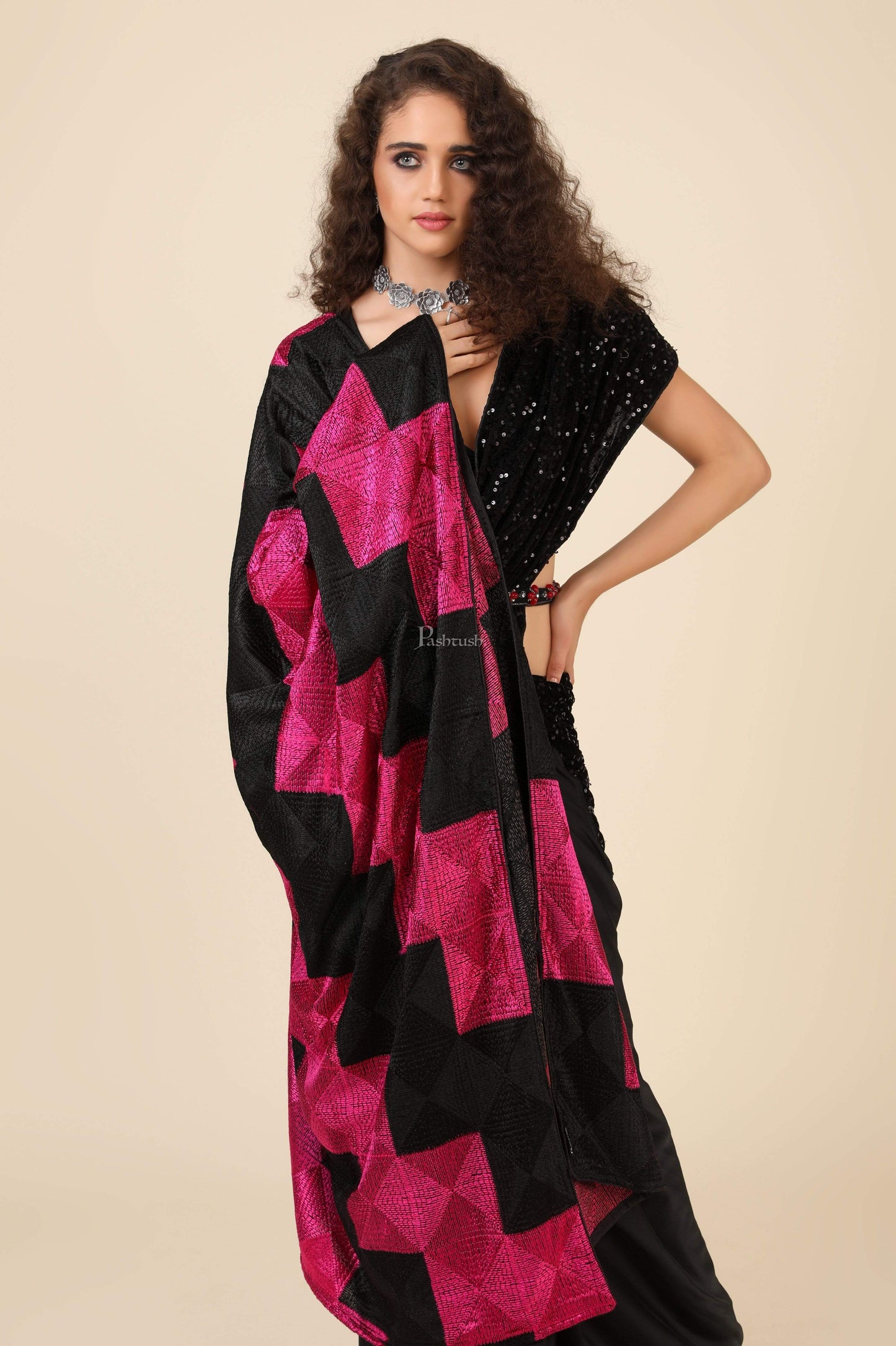 Pashtush India 114x228 Pashtush Womens Chiffon Dupatta with Multicoloured Embroidery, Phulkari