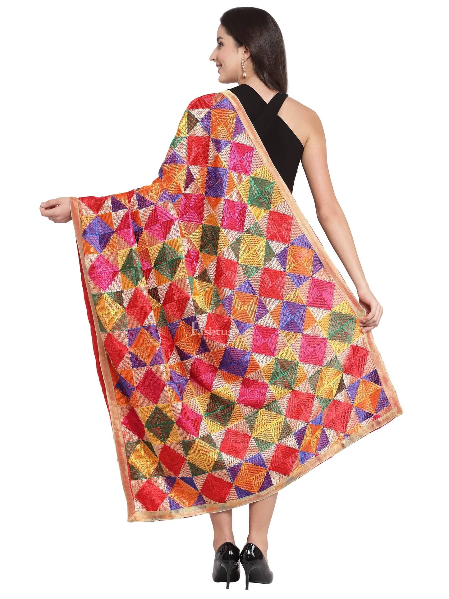 Pashtush India Womens Dupatta Pashtush Womens Chiffon Dupatta With Multicoloured Embroidery, Phulkari