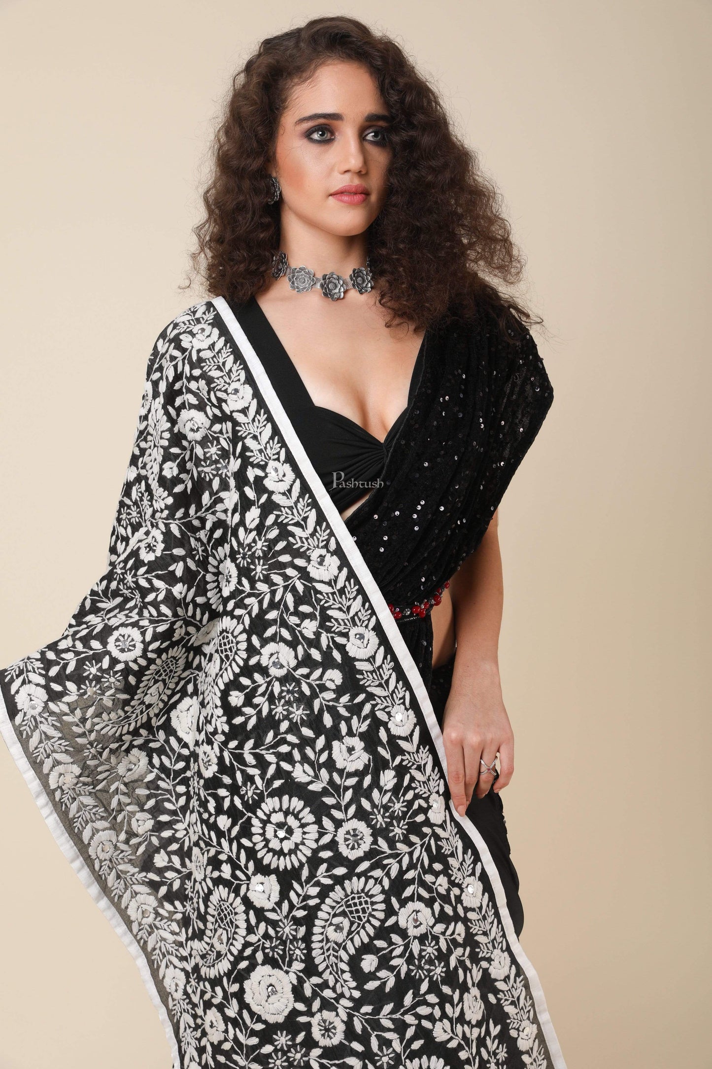 Pashtush India 70x200 Pashtush Womens Dupatta, 100% Hand Embroidered Kantha Needlework Work, Free Size
