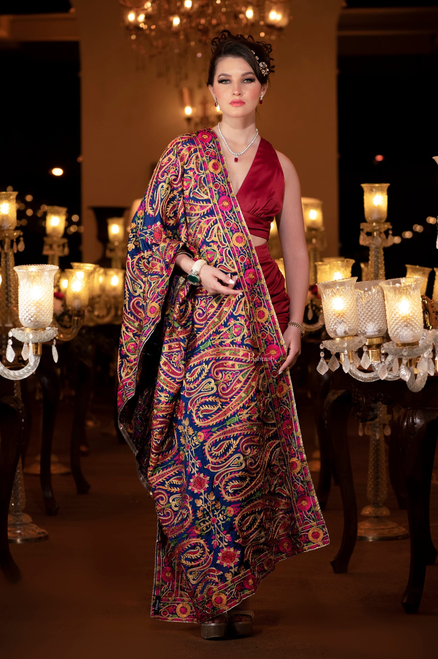 Pashtush India Womens Dupatta Pashtush Womens Dupatta, Bridal Collection, With Silky Embroidery, Deep Blue