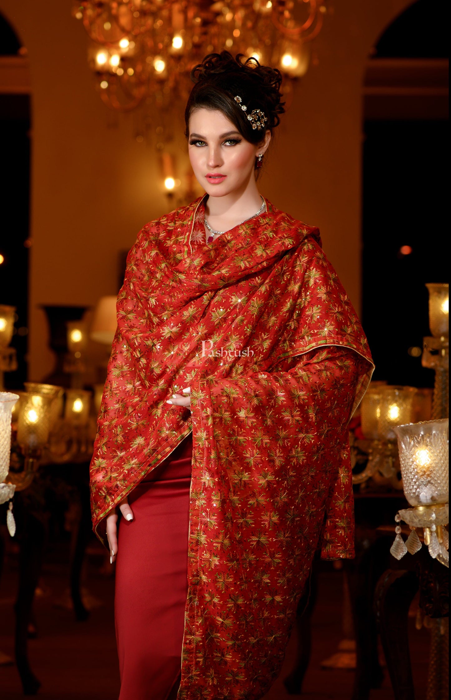 Pashtush India Womens Dupatta Pashtush Womens Dupatta, Bridal Collection, With Silky Embroidery, Red