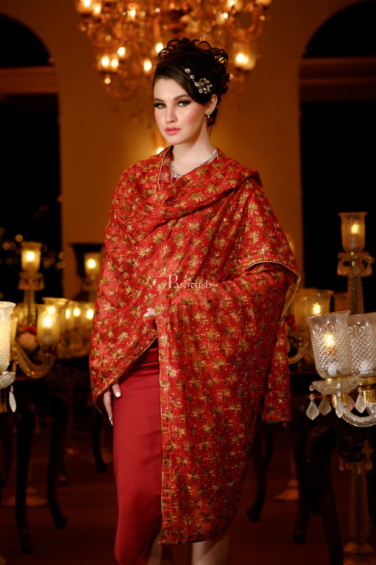 Pashtush India Womens Dupatta Pashtush Womens Dupatta, Bridal Collection, With Silky Embroidery, Red