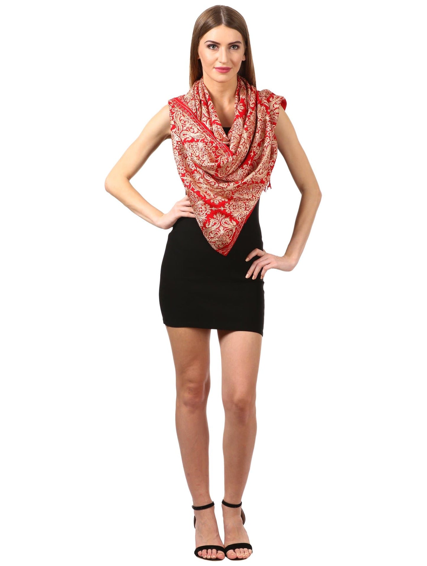 Pashtush India 70x200 Pashtush Womens Embroidered Bamboo Scarf, Soft Faux Pashmina, Scarlet Red