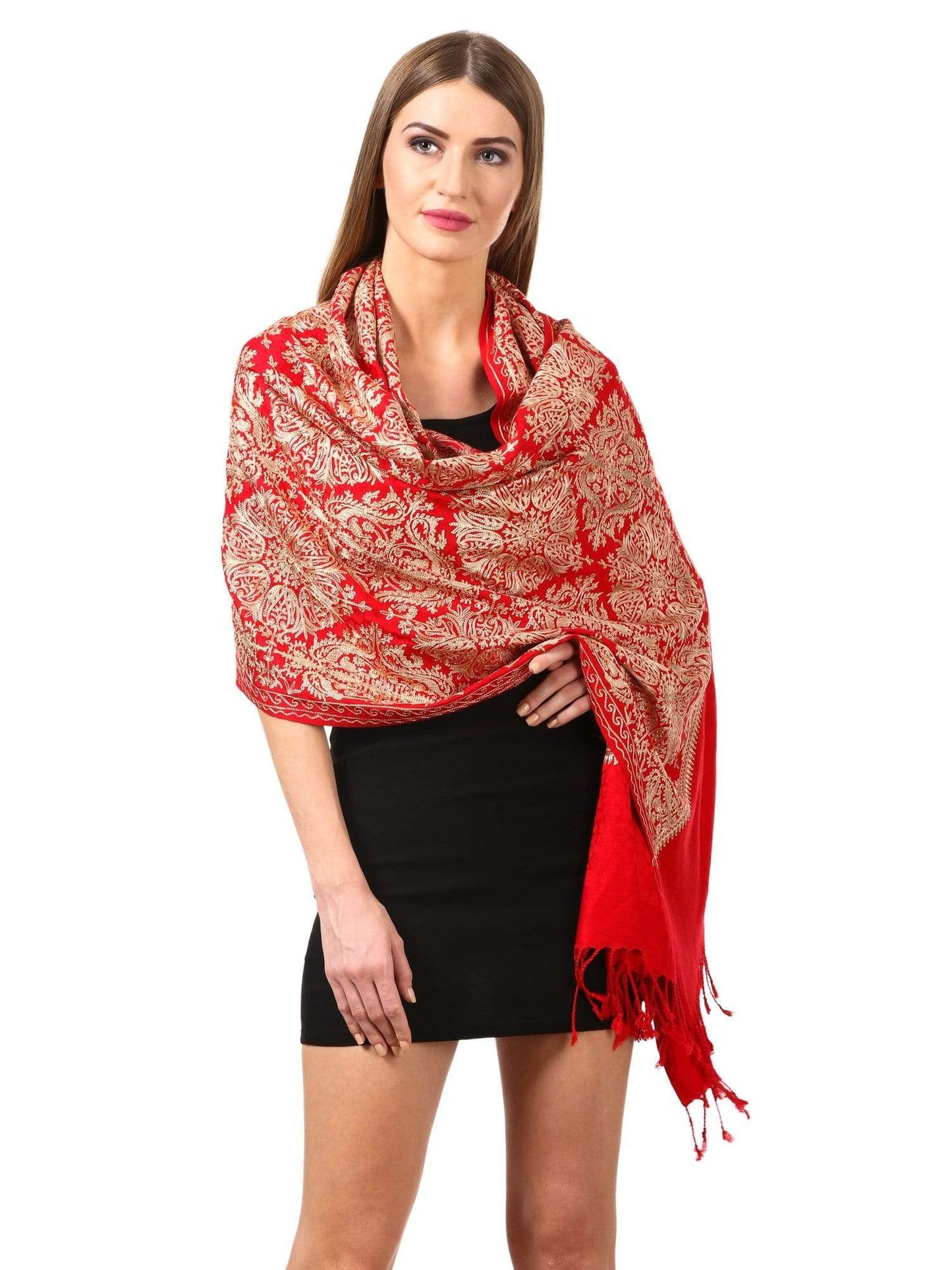 Pashtush India 70x200 Pashtush Womens Embroidered Bamboo Scarf, Soft Faux Pashmina, Scarlet Red