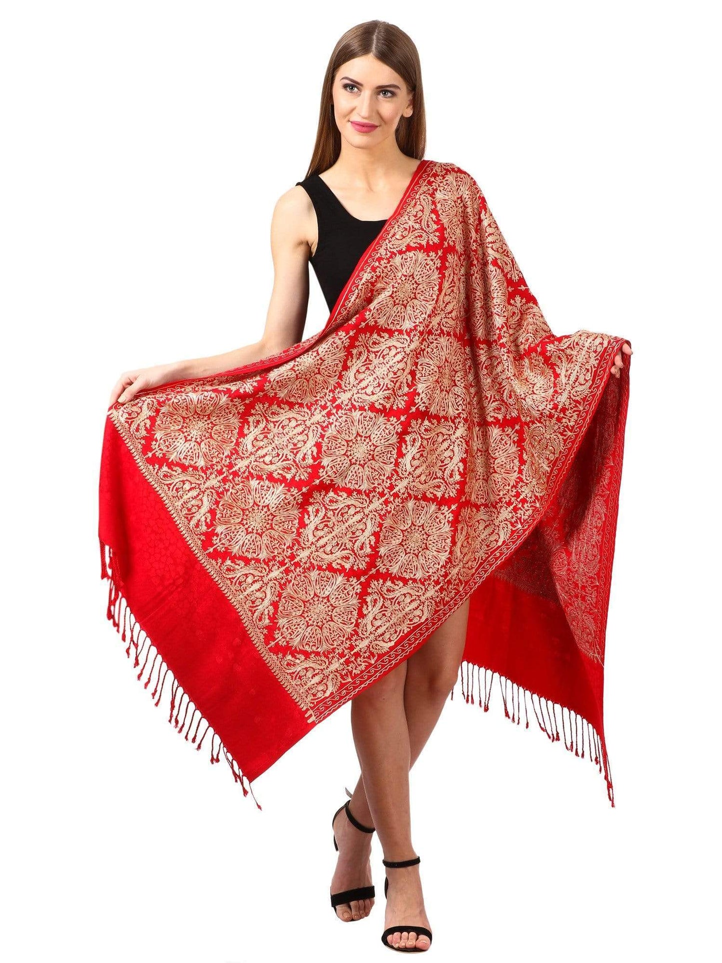 Pashtush India 70x200 Pashtush Womens Embroidered Bamboo Scarf, Soft Faux Pashmina, Scarlet Red