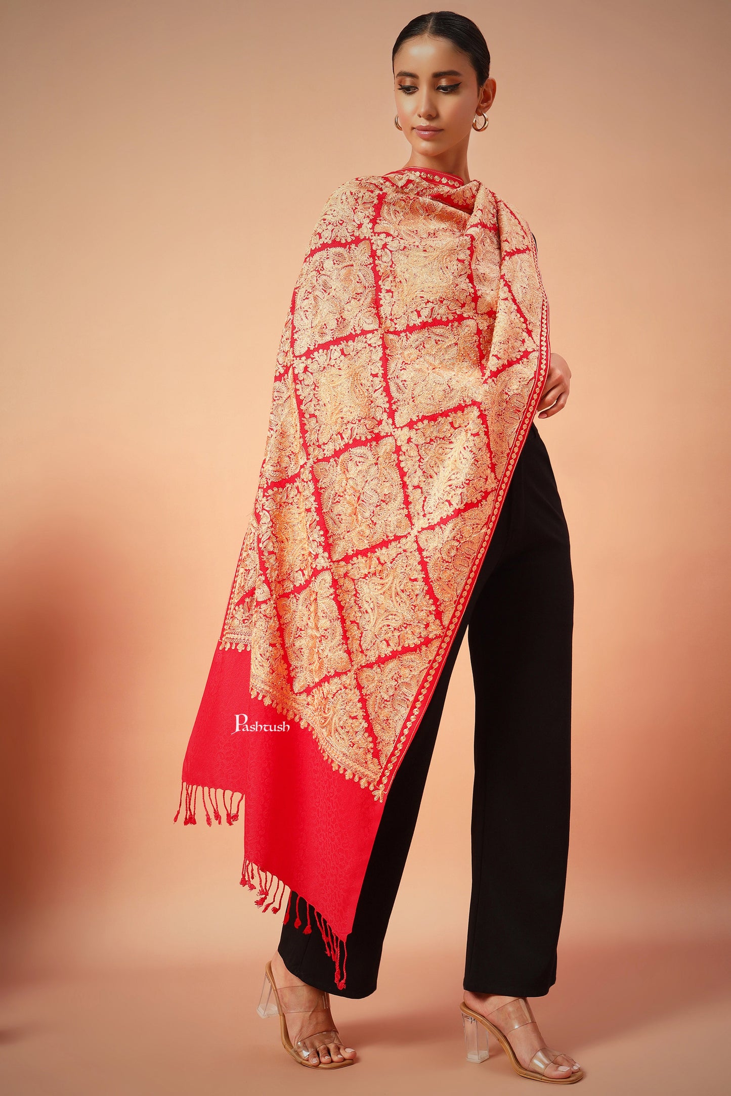 Pashtush India Womens Stoles and Scarves Scarf Pashtush Womens Embroidered Bamboo Scarf, Soft Faux Pashmina, Scarlet Red