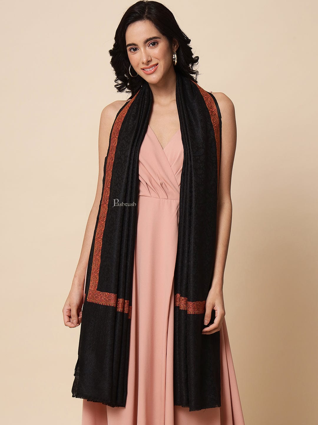 Pashtush India Womens Shawls Pashtush Womens Embroidered Shawl, Neem Daur with Paisley Border Shawl, Black