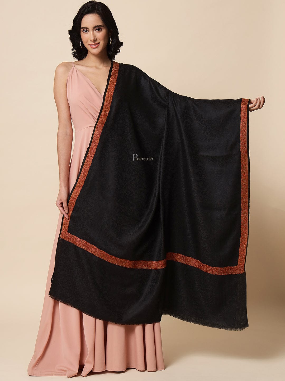 Pashtush India Womens Shawls Pashtush Womens Embroidered Shawl, Neem Daur with Paisley Border Shawl, Black