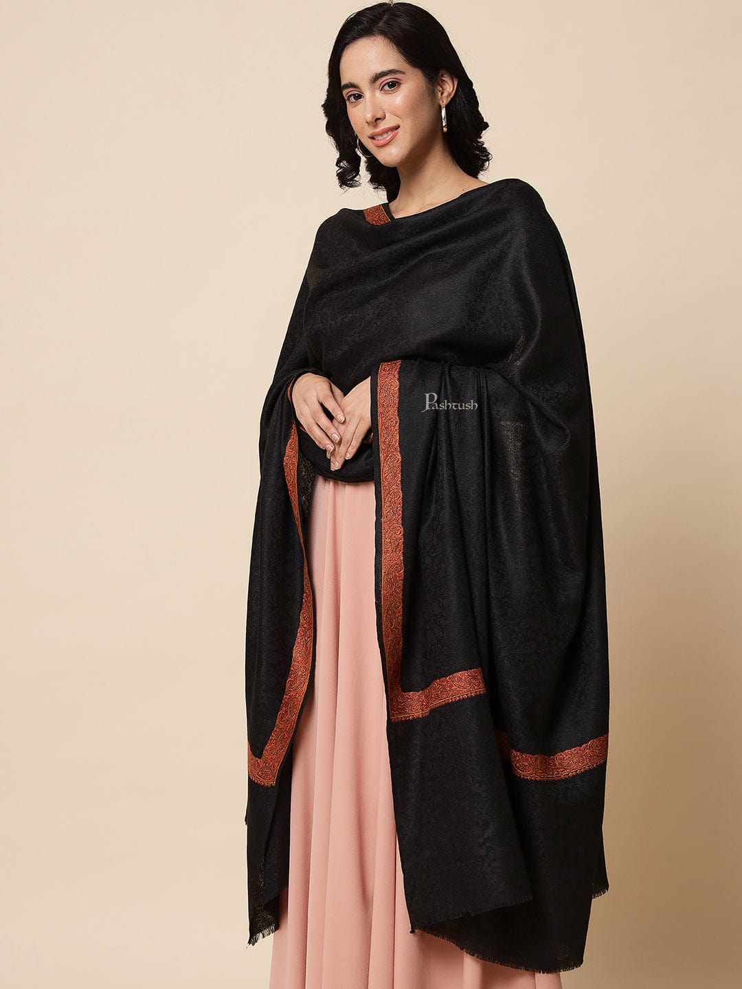 Pashtush India Womens Shawls Pashtush Womens Embroidered Shawl, Neem Daur with Paisley Border Shawl, Black