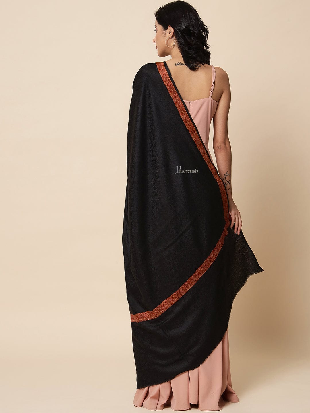 Pashtush Womens Embroidered Shawl, Neem Daur with Paisley Border Shawl, Black