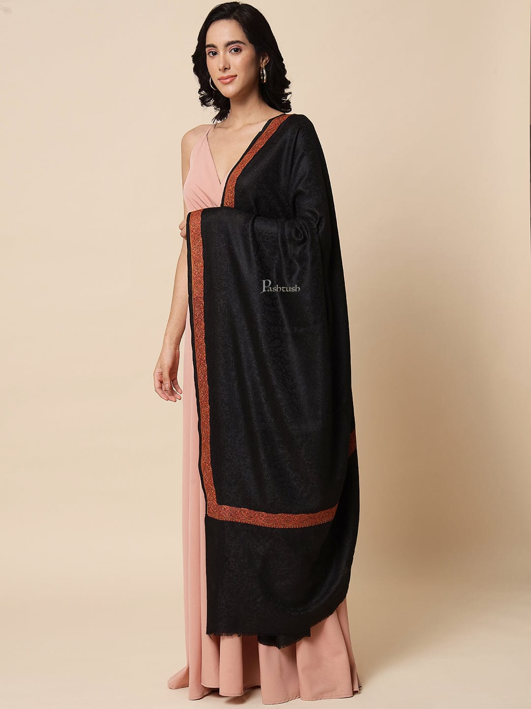 Pashtush India Womens Shawls Pashtush Womens Embroidered Shawl, Neem Daur with Paisley Border Shawl, Black