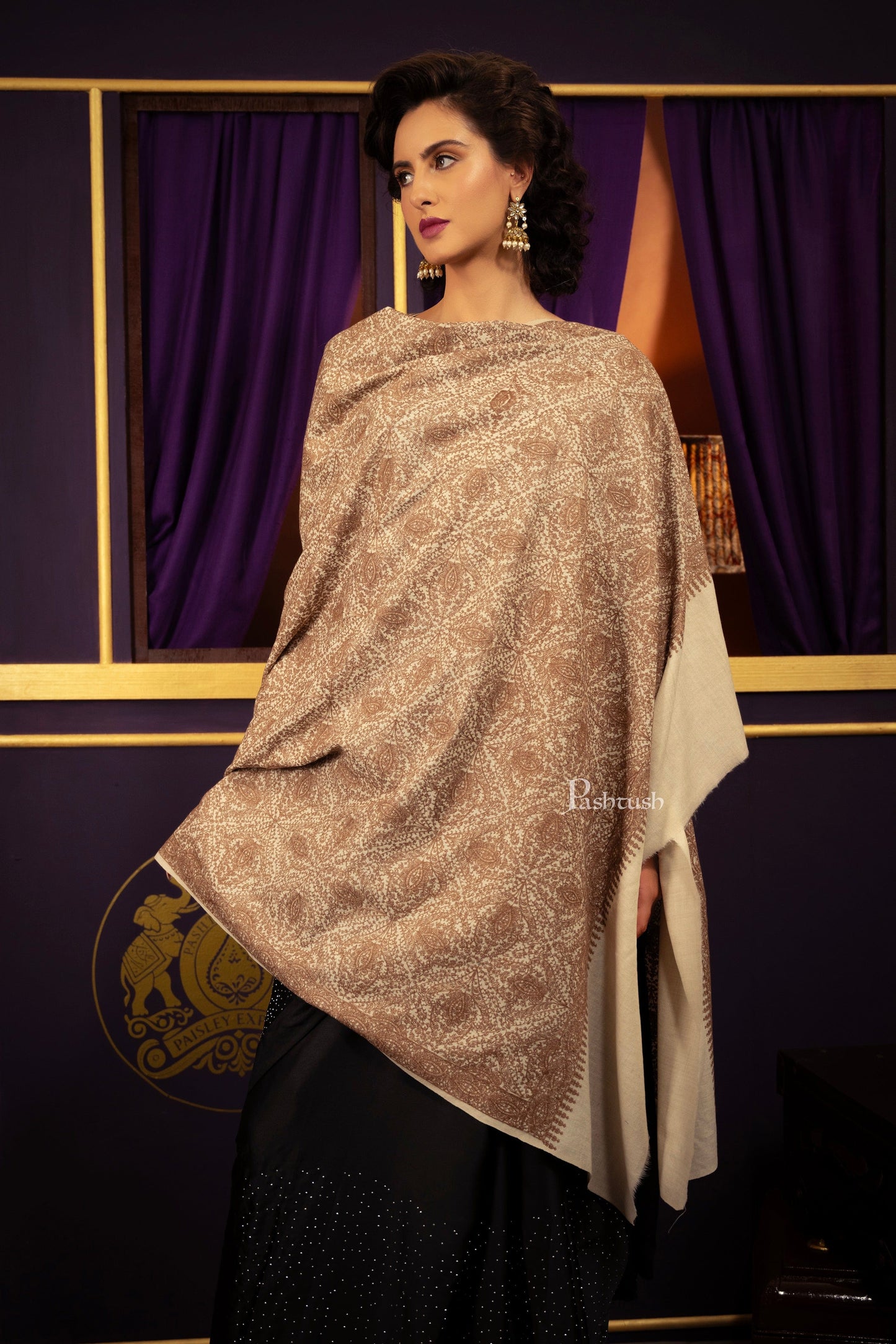 Pashtush India Womens Shawls Pashtush Womens Embroidery Jaal Jamawar Shawl, Tonal, Intricate Heritage Collection