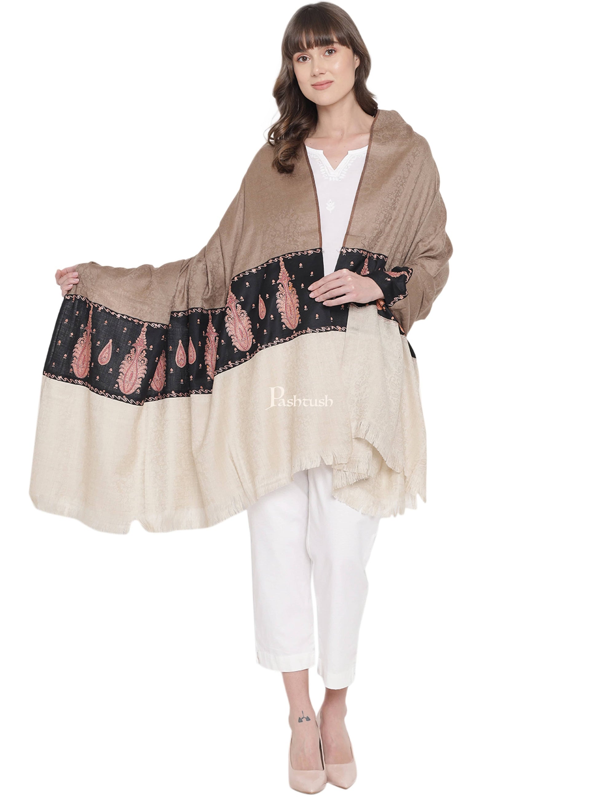 Pashtush India Womens Shawls Pashtush Womens Embroidery Shawl, Fine Wool, Paiseley Stitched Palla, Beige and Black