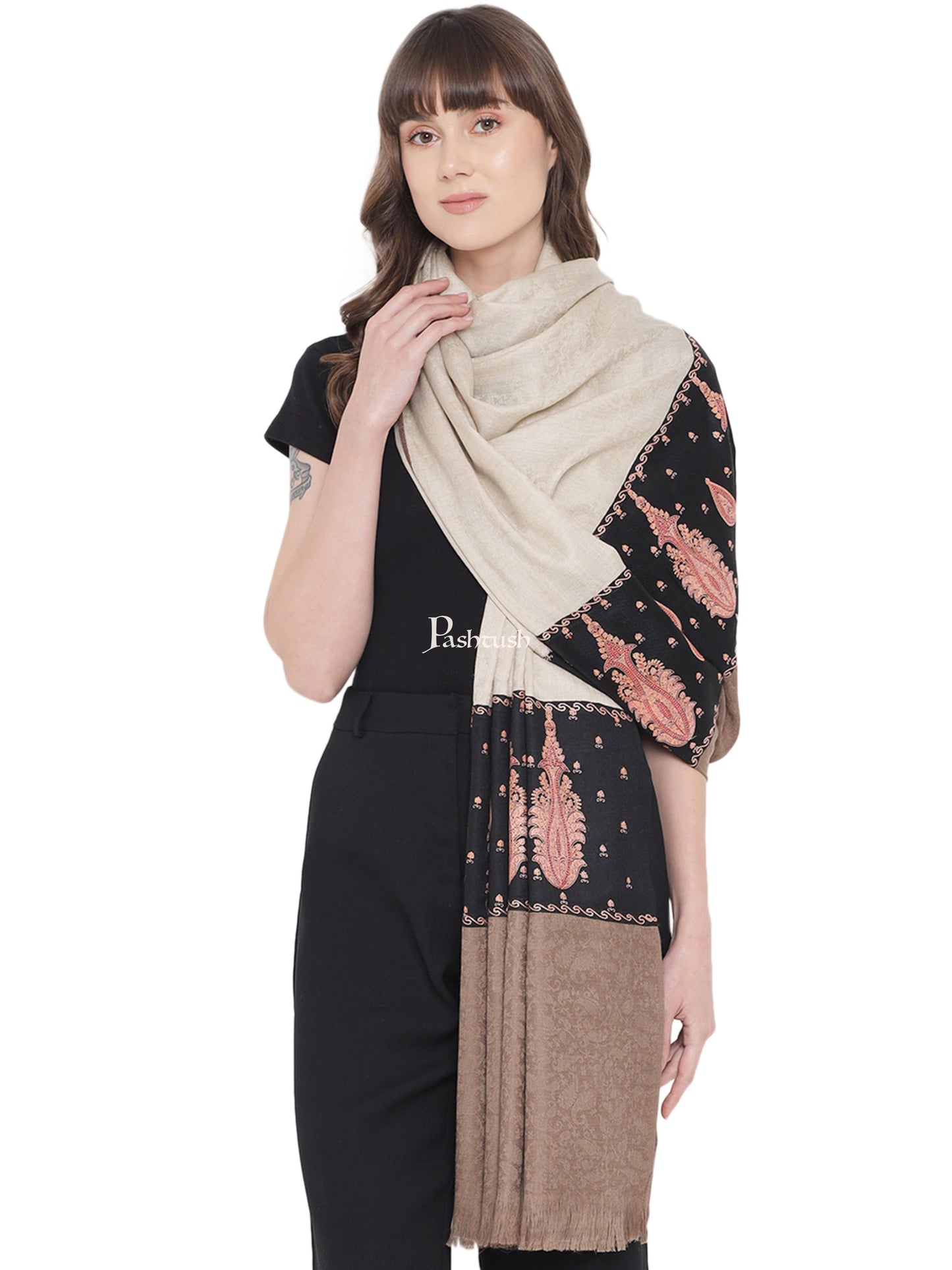 Pashtush India Womens Shawls Pashtush Womens Embroidery Shawl, Fine Wool, Paiseley Stitched Palla, Black