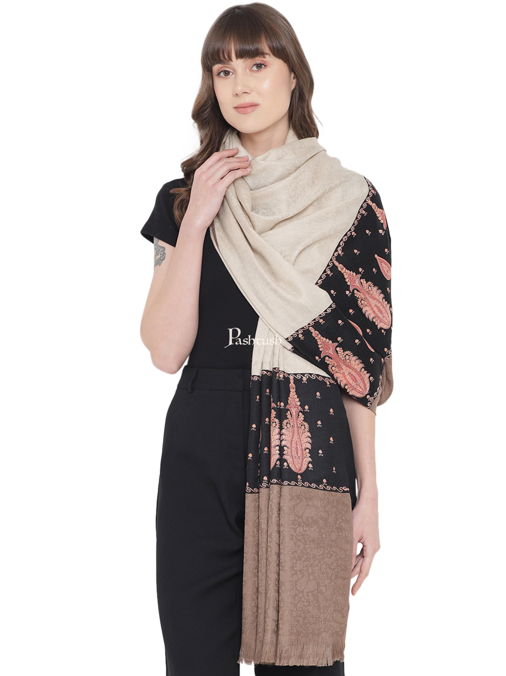 Pashtush India Womens Shawls Pashtush Womens Embroidery Shawl, Fine Wool, Paiseley Stitched Palla, Black